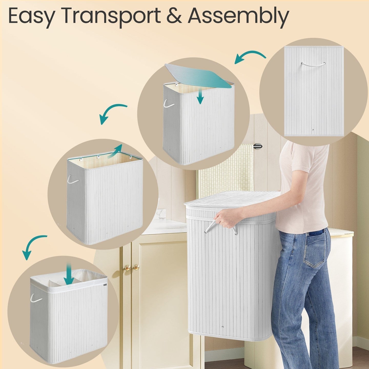 Laundry Hamper - Bamboo - Grey - Removable and Machine Washable with Lid