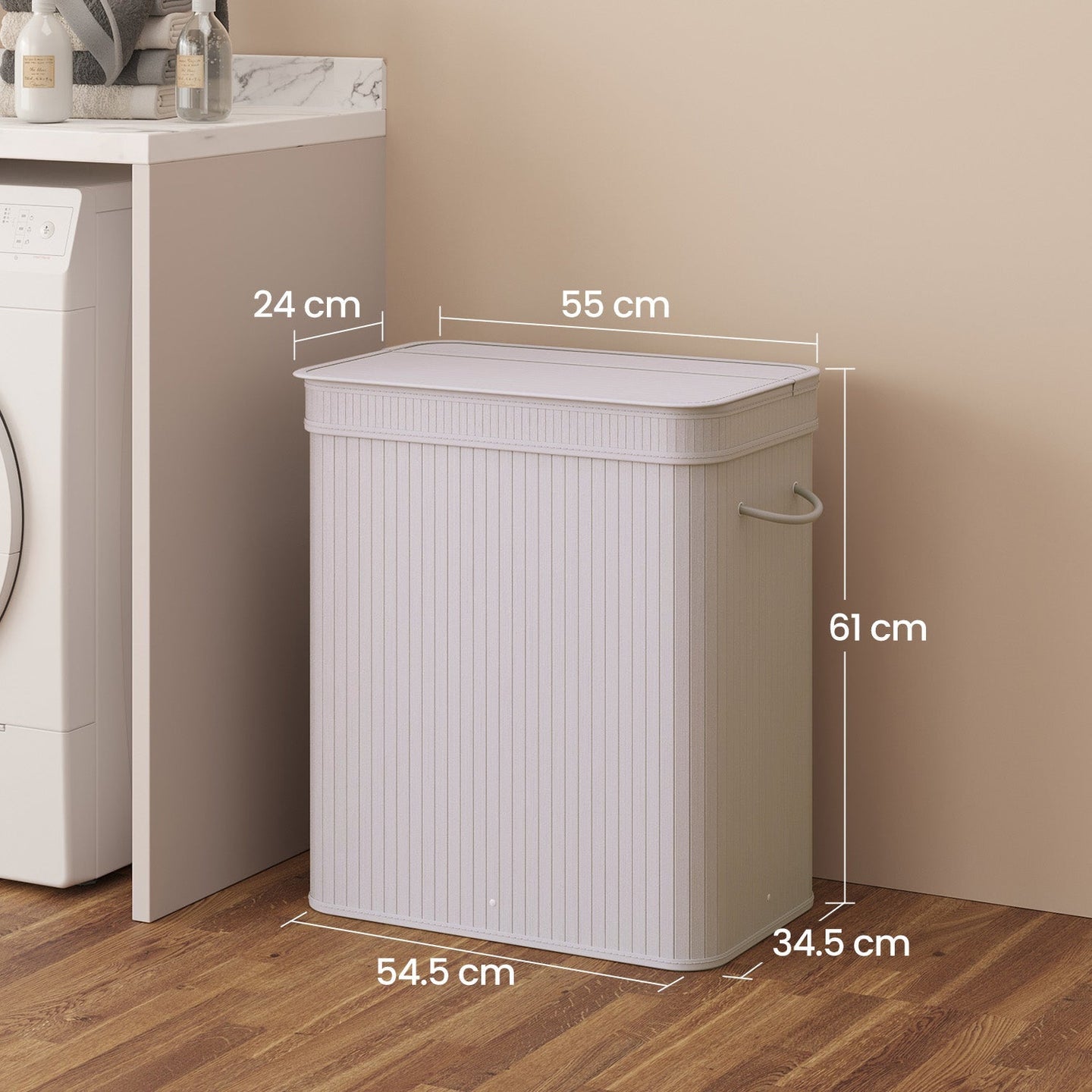 Laundry Hamper - Bamboo - Grey - Removable and Machine Washable with Lid and Handles