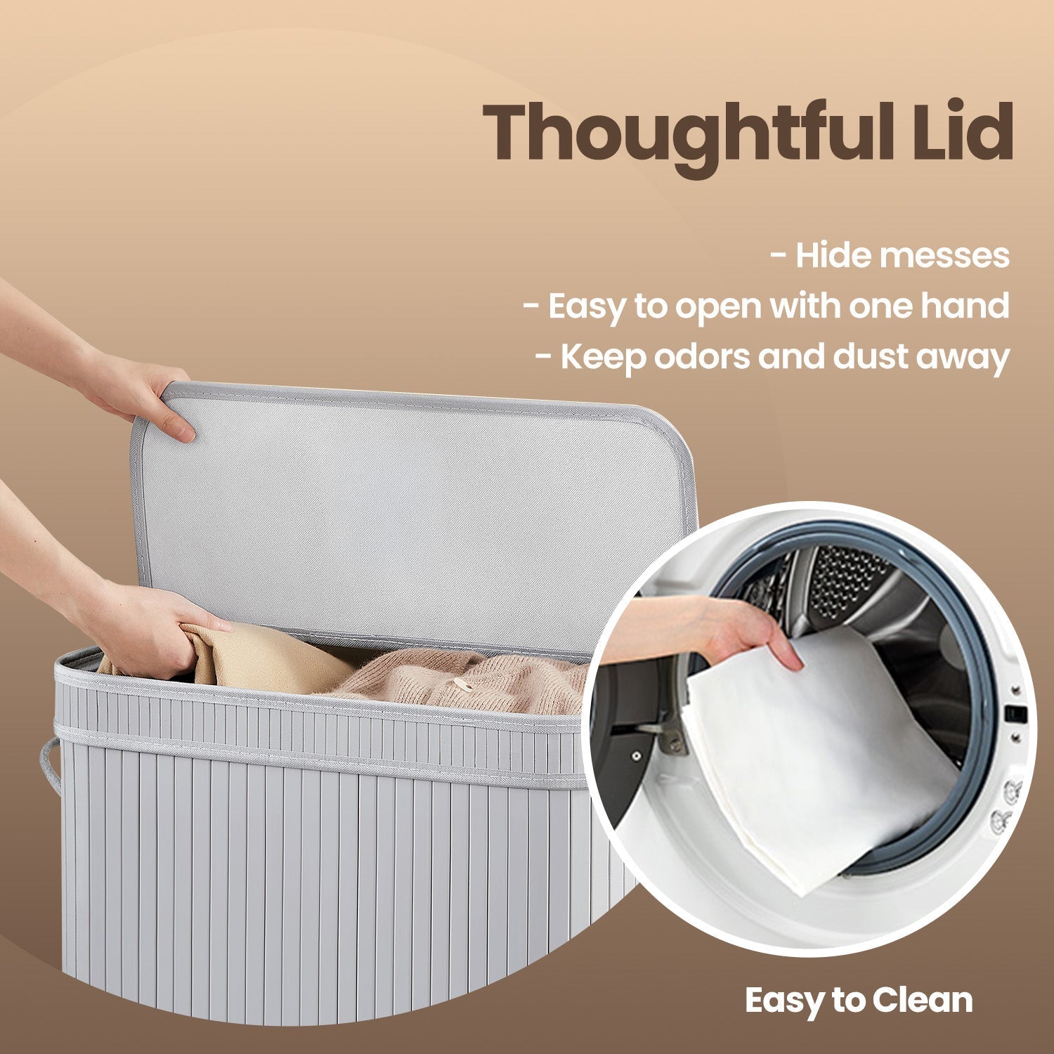 Laundry Hamper - Bamboo - Grey - Removable and Machine Washable with Lid and Handles