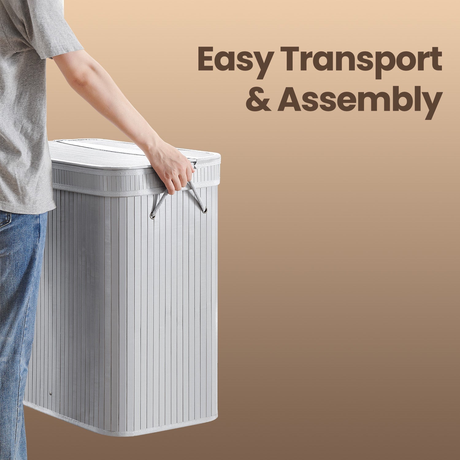 Laundry Hamper - Bamboo - Grey - Removable and Machine Washable with Lid and Handles