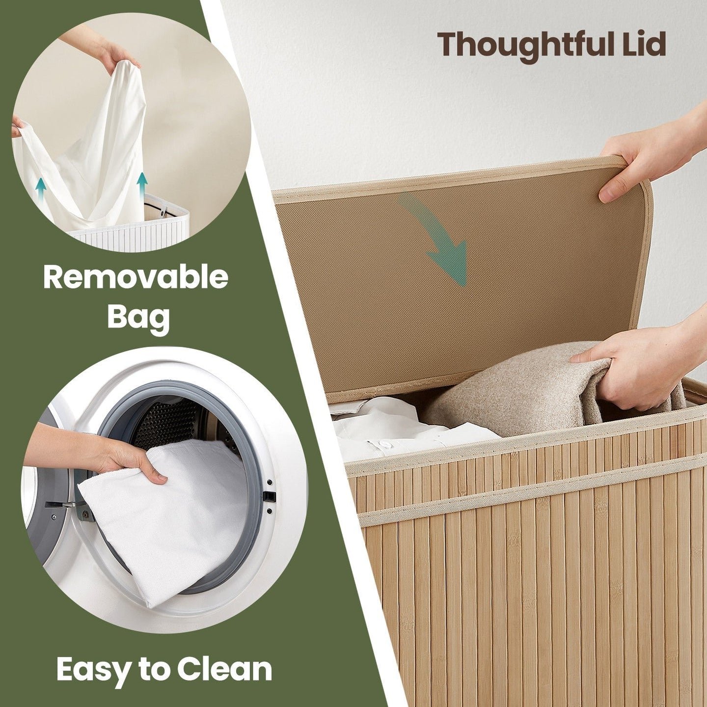 Laundry Hamper - Bamboo - Grey - Removable and Machine Washable with Lid