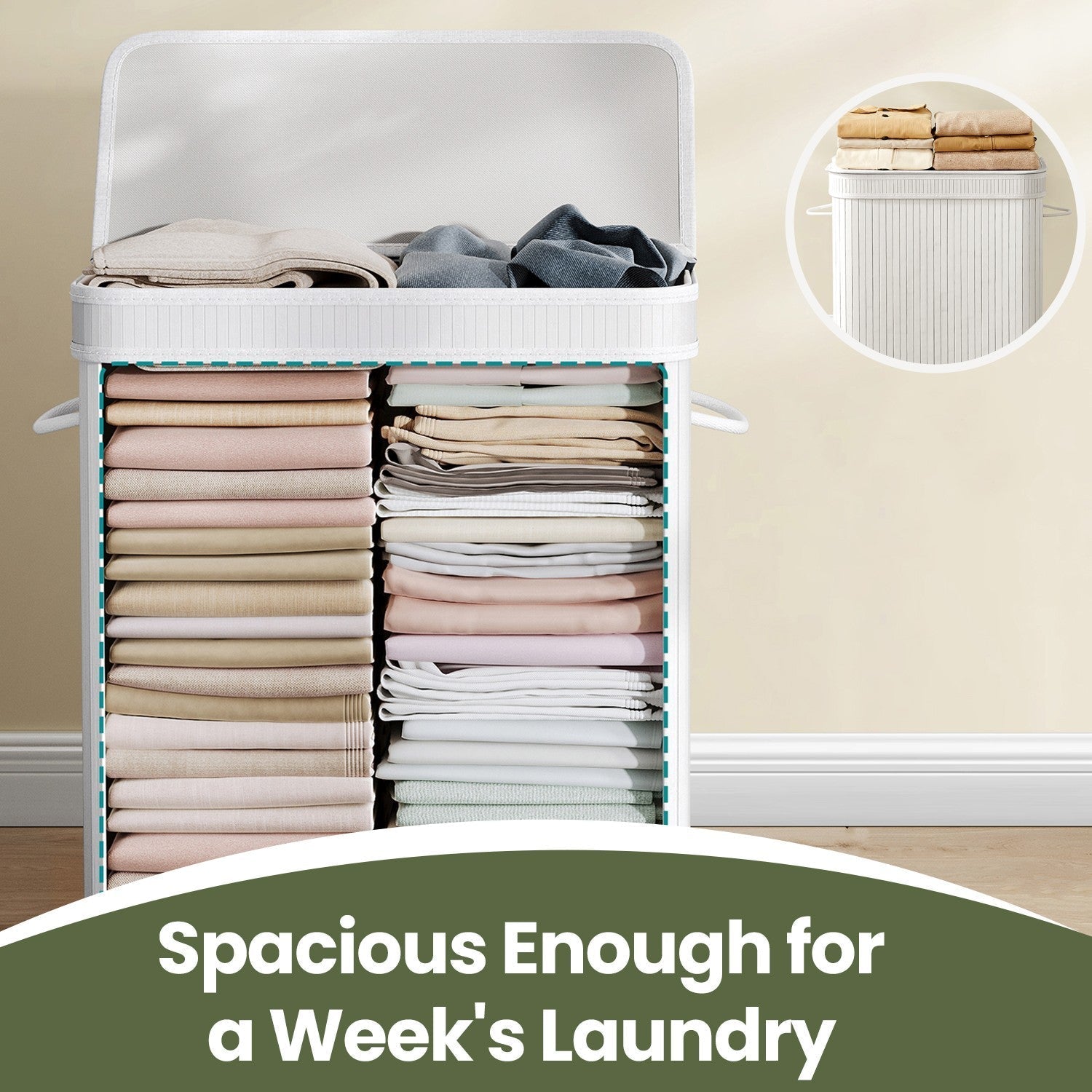 Laundry Hamper - Bamboo - Grey - Removable and Machine Washable with Lid