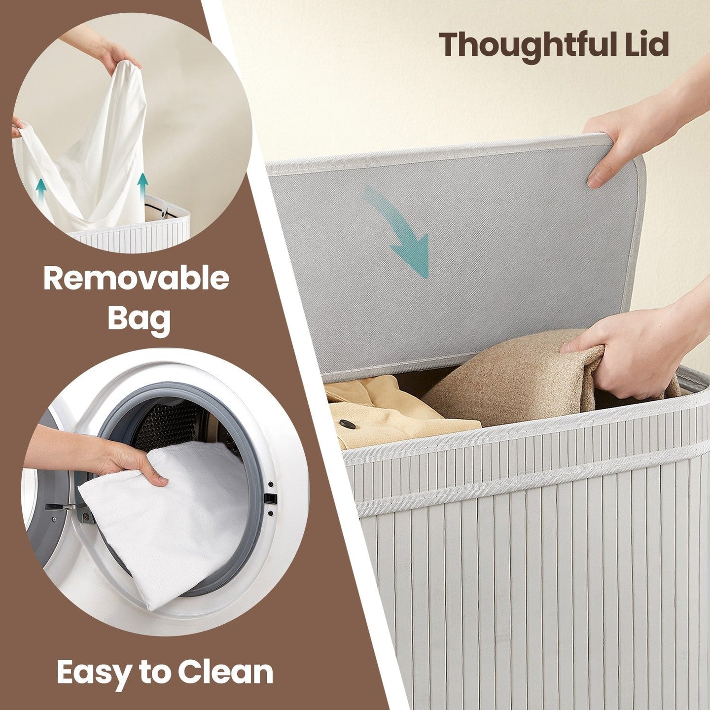 Laundry Hamper - Bamboo - Grey - Removable and Machine Washable with Lid