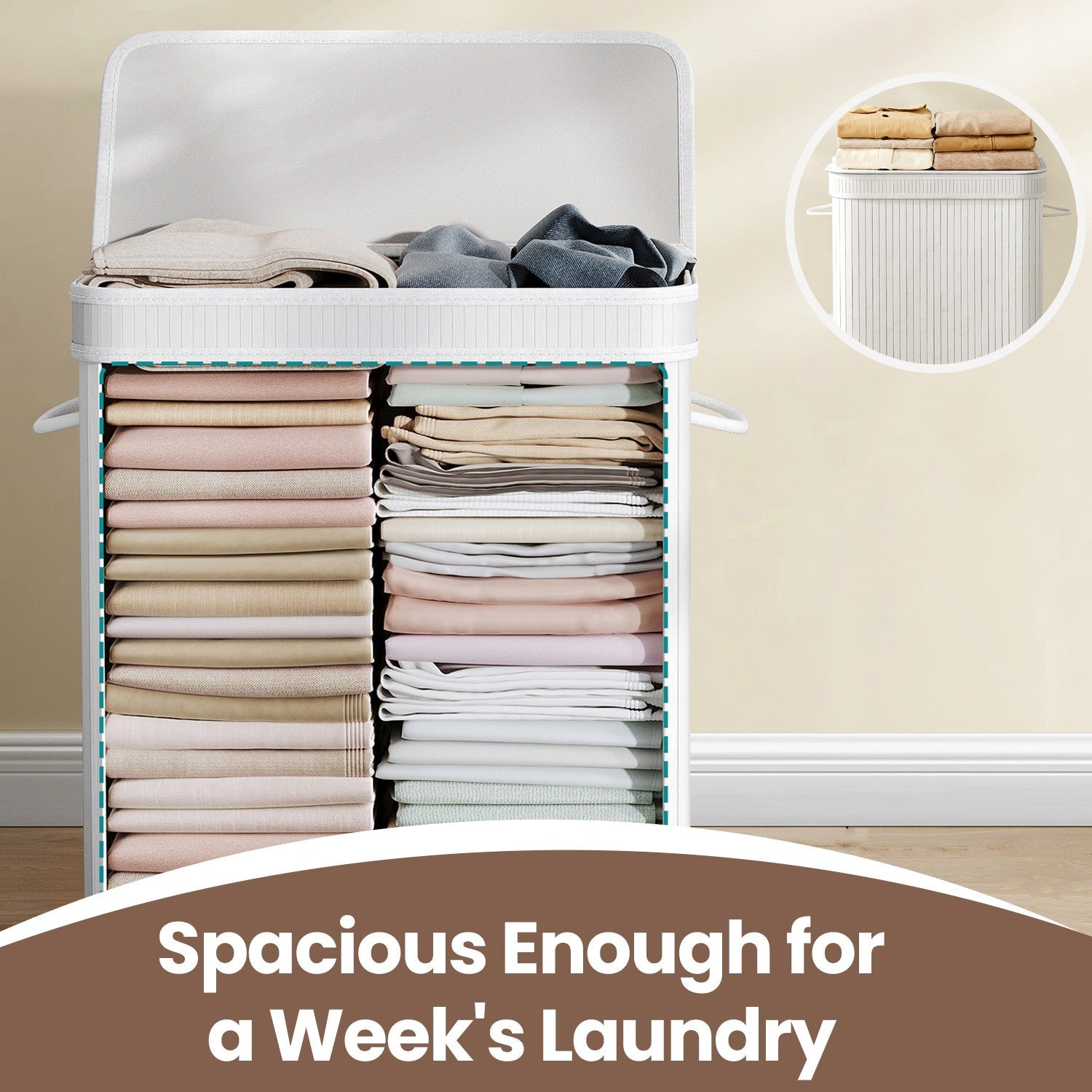 Laundry Hamper - Bamboo - Grey - Removable and Machine Washable with Lid