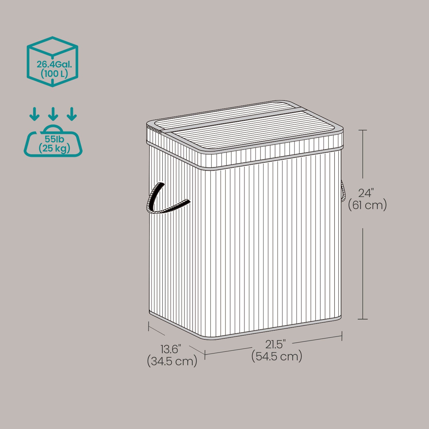 Laundry Hamper - Bamboo - Grey - Removable and Machine Washable with Lid