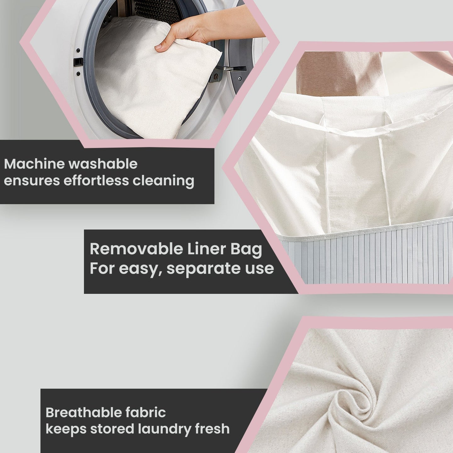 3-Section Laundry Hamper - Bamboo - Natural - Removable Liner