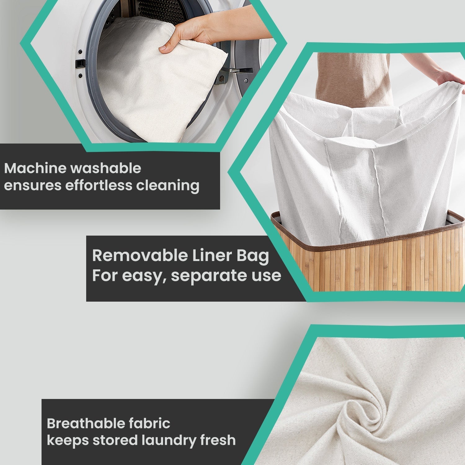 3-Section Laundry Hamper - Bamboo - Natural - Removable Liner