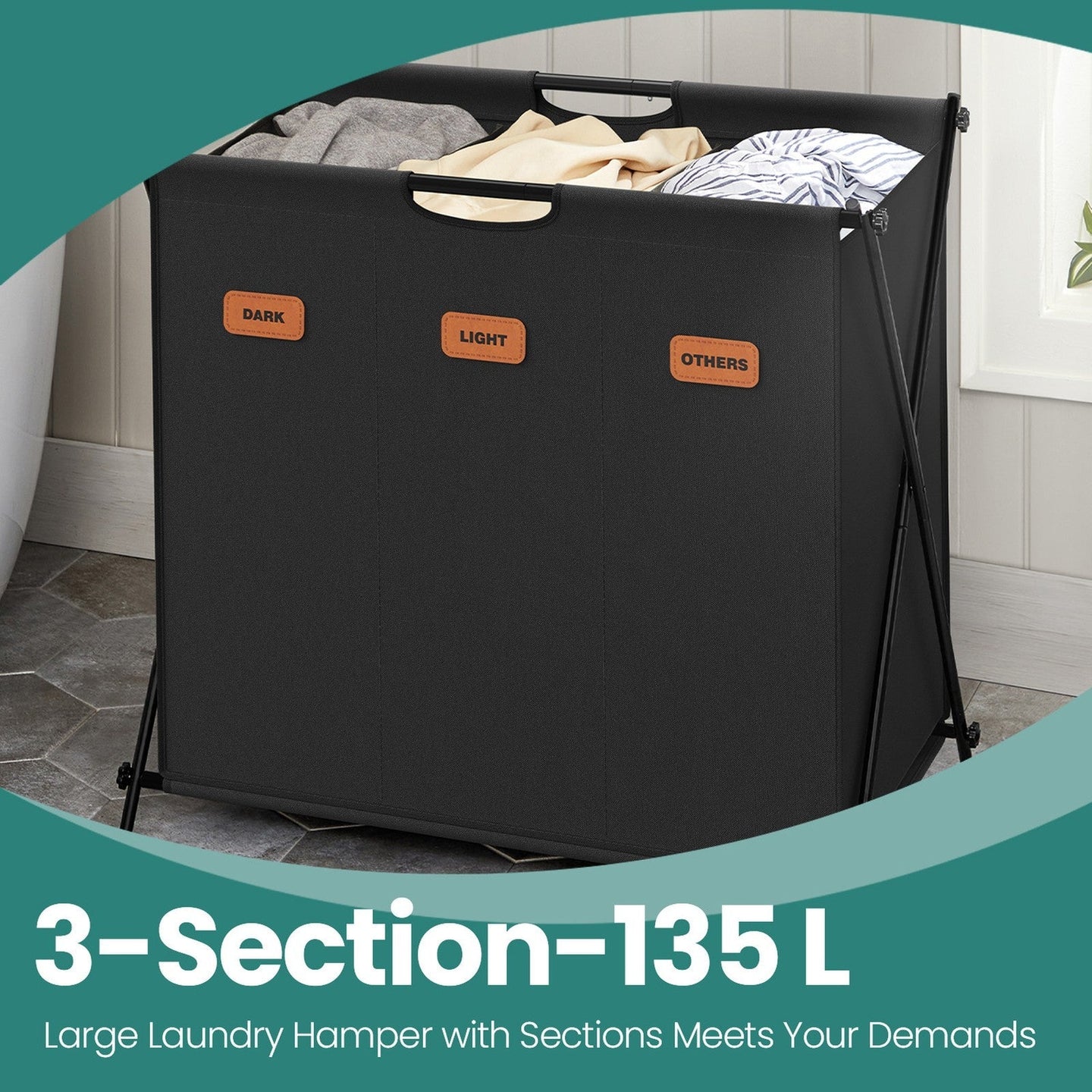 Laundry Sorter - 4 Sections with Labels - Fabric - Ink Black