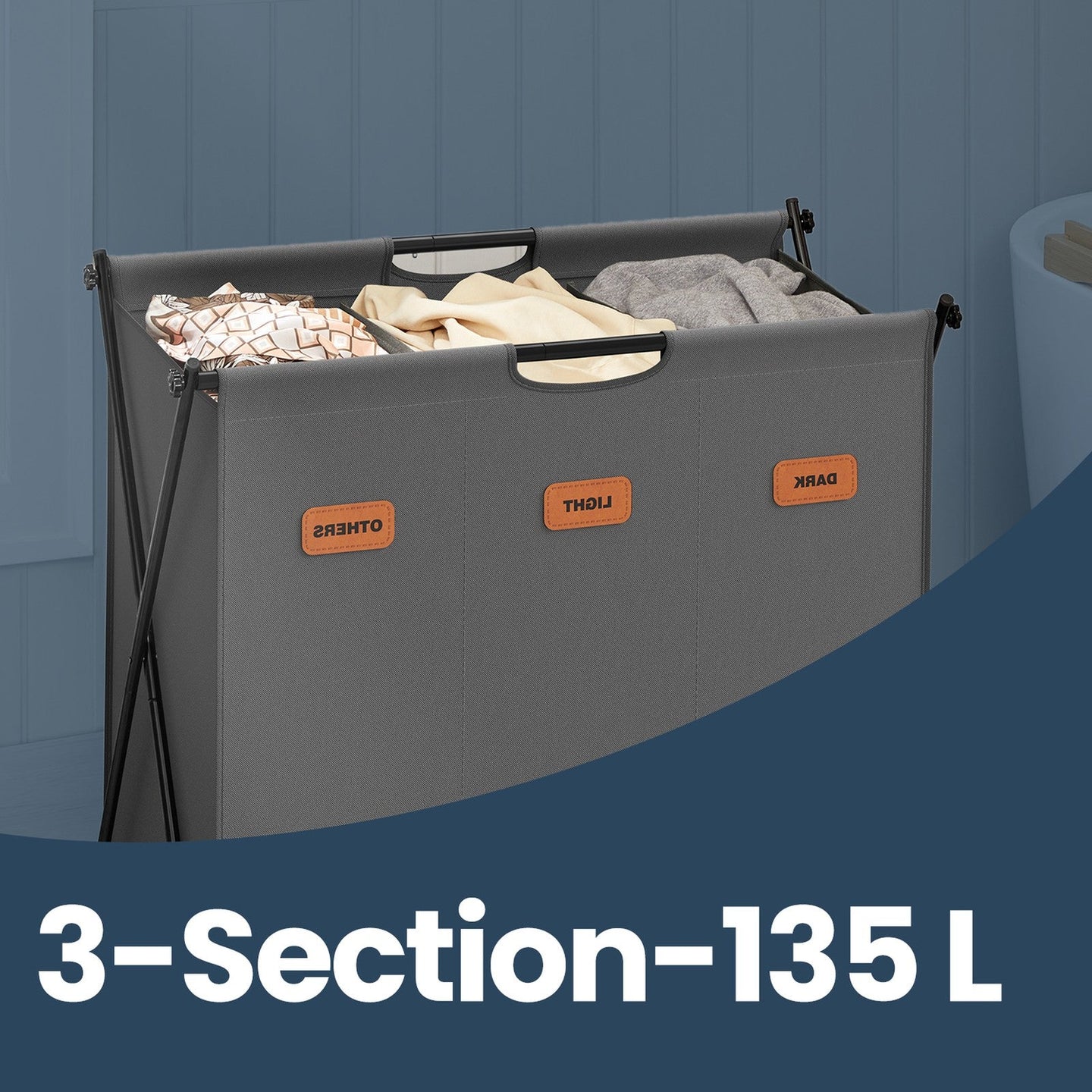 Collapsible 3-Section Laundry Basket - Fabric - Grey - 135L Capacity with Customizable Labels