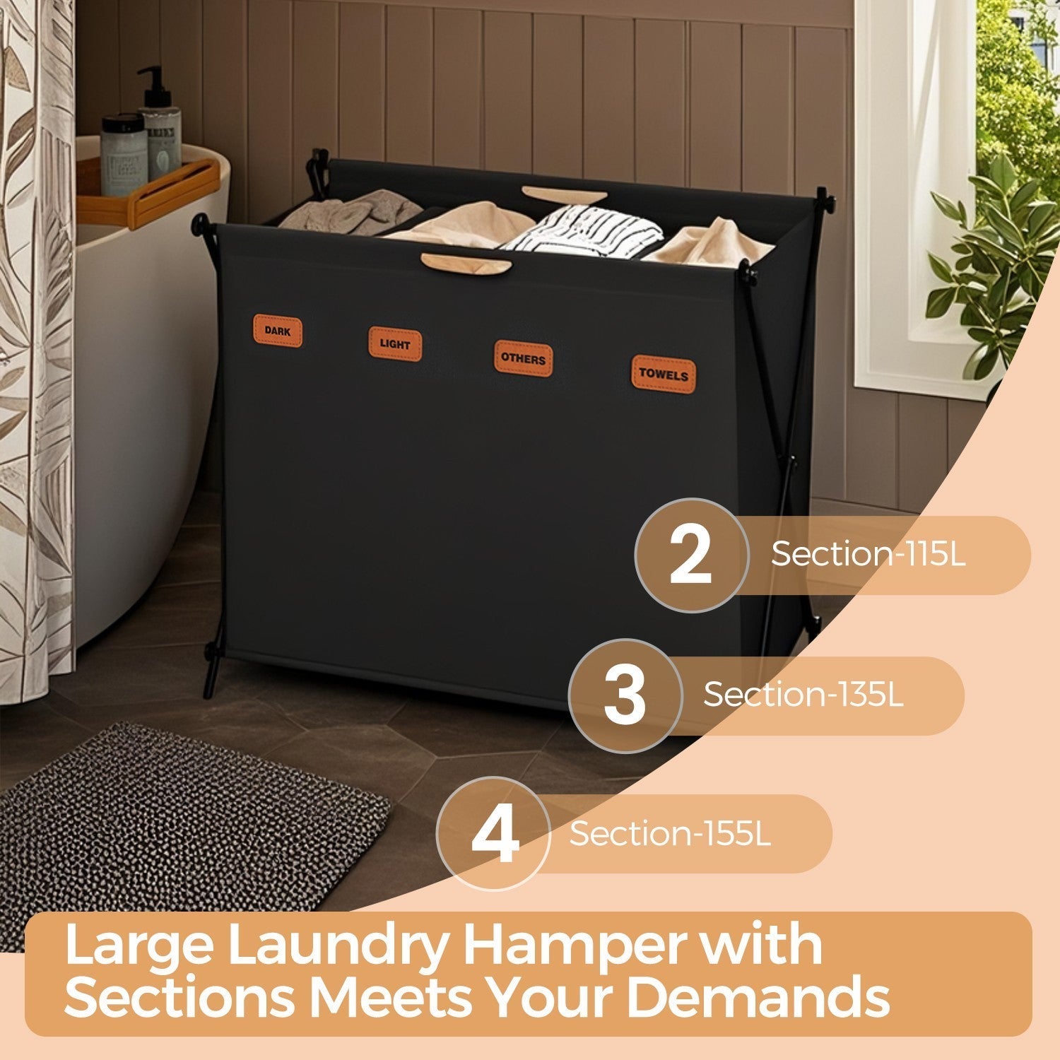 Laundry Sorter - Fabric - Ink Black - 4-Section Collapsible Clothes Organizer