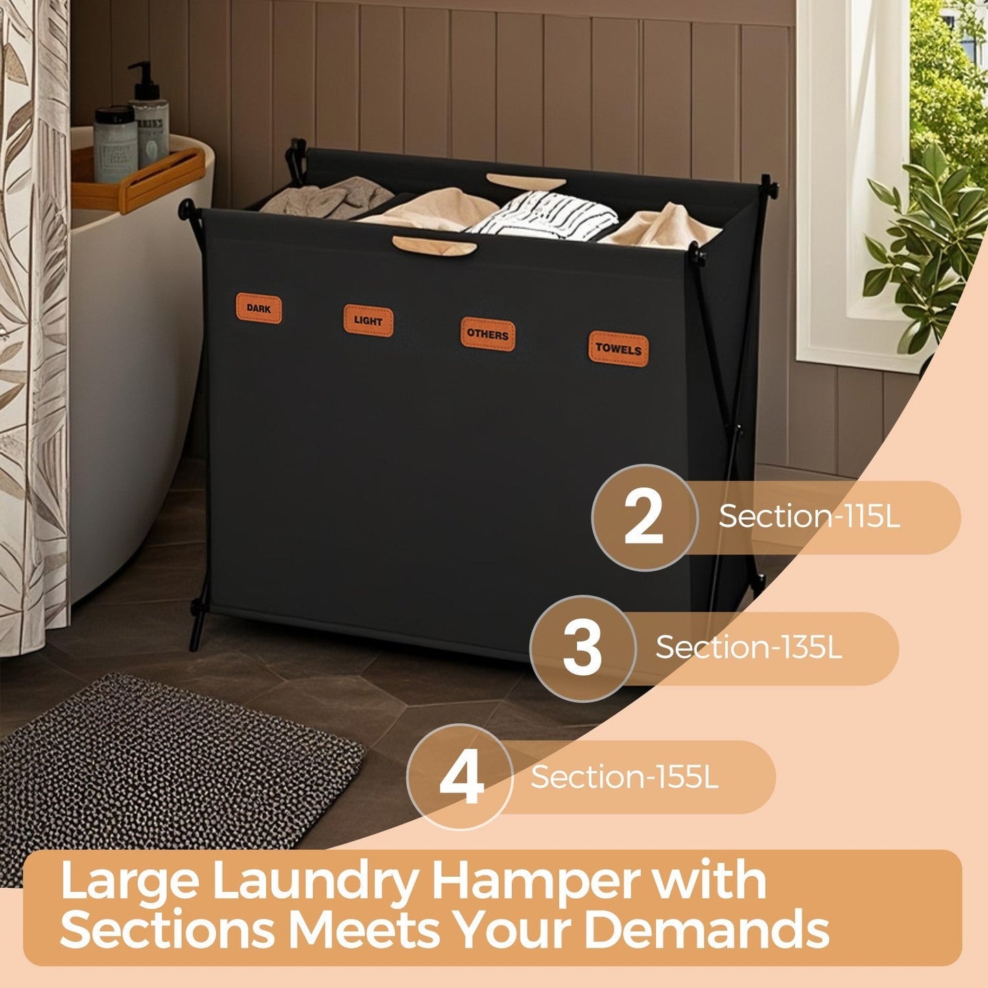 Laundry Sorter - Fabric - Ink Black - 4-Section Collapsible Clothes Organizer