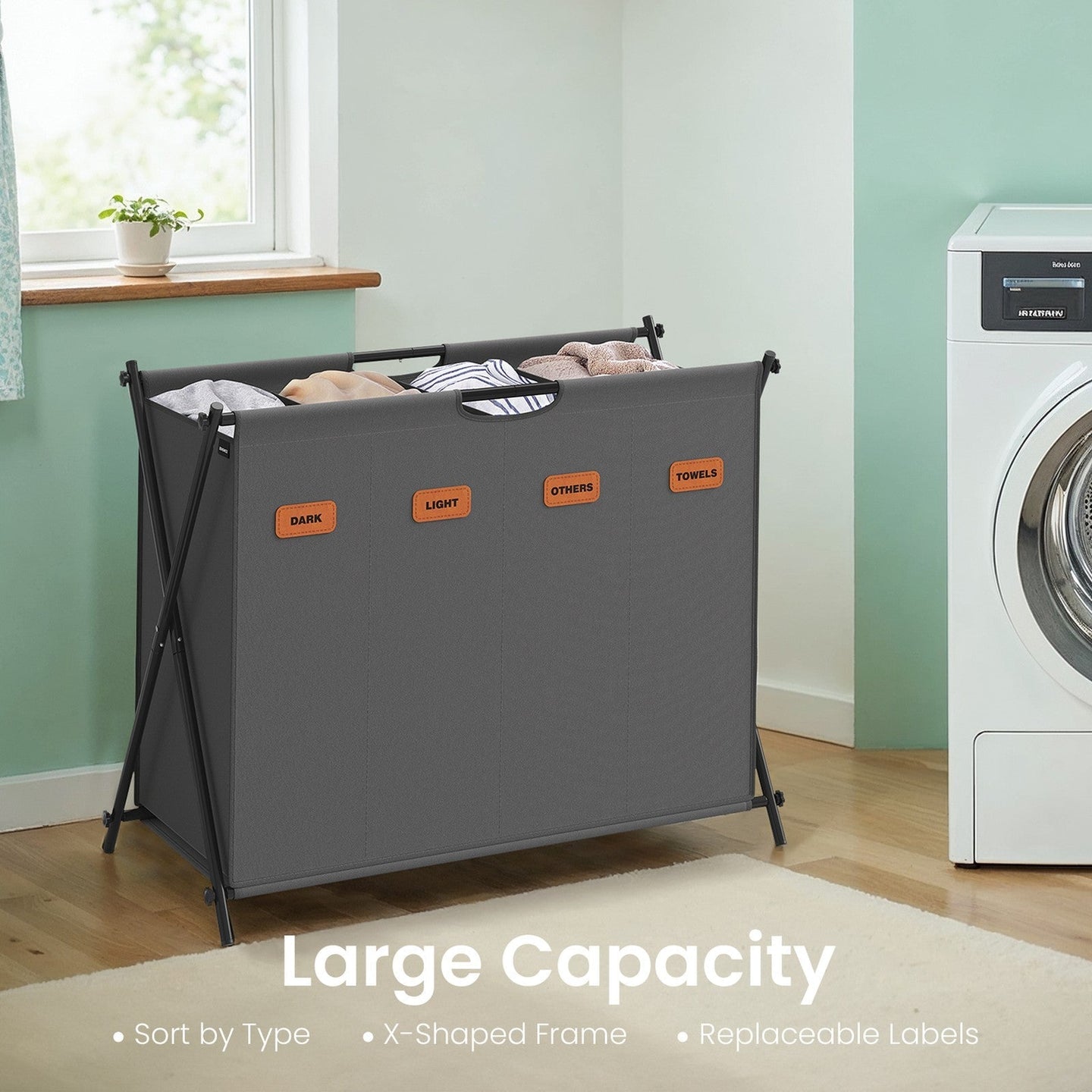 Foldable Laundry Basket - Fabric - Grey - 155 L Capacity with Customizable Labels