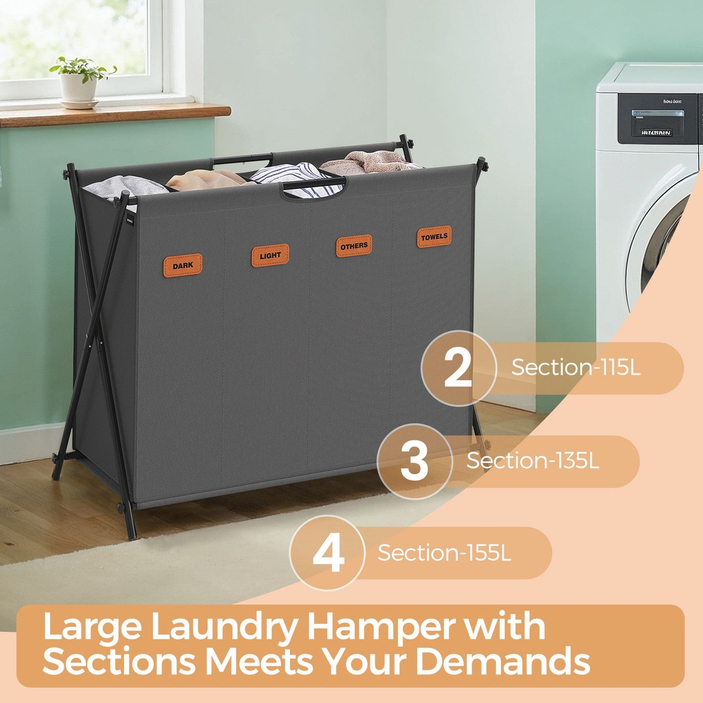 Foldable Laundry Basket - Fabric - Grey - 155 L Capacity with Customizable Labels