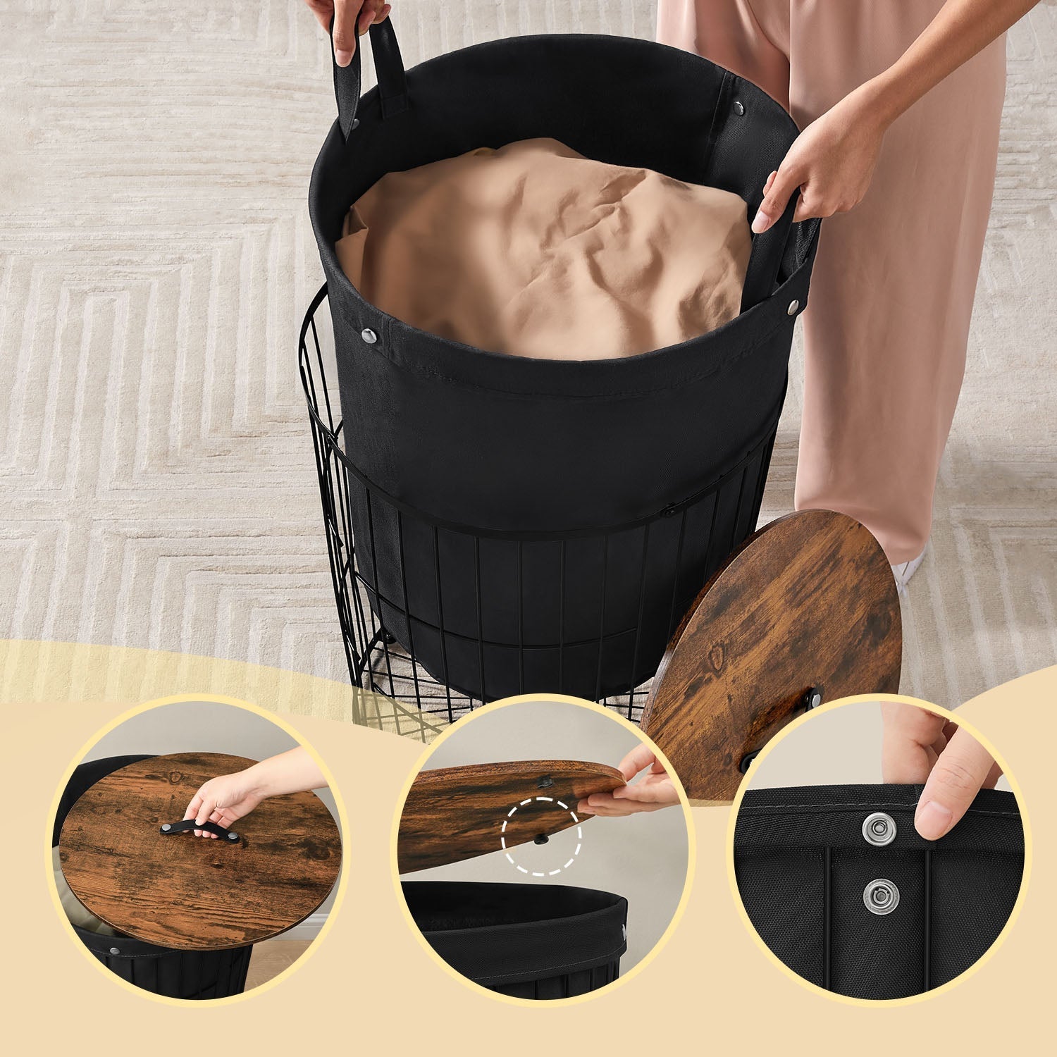 Round Laundry Hamper - Fabric - Ink Black - 95L Capacity with Removable Liner