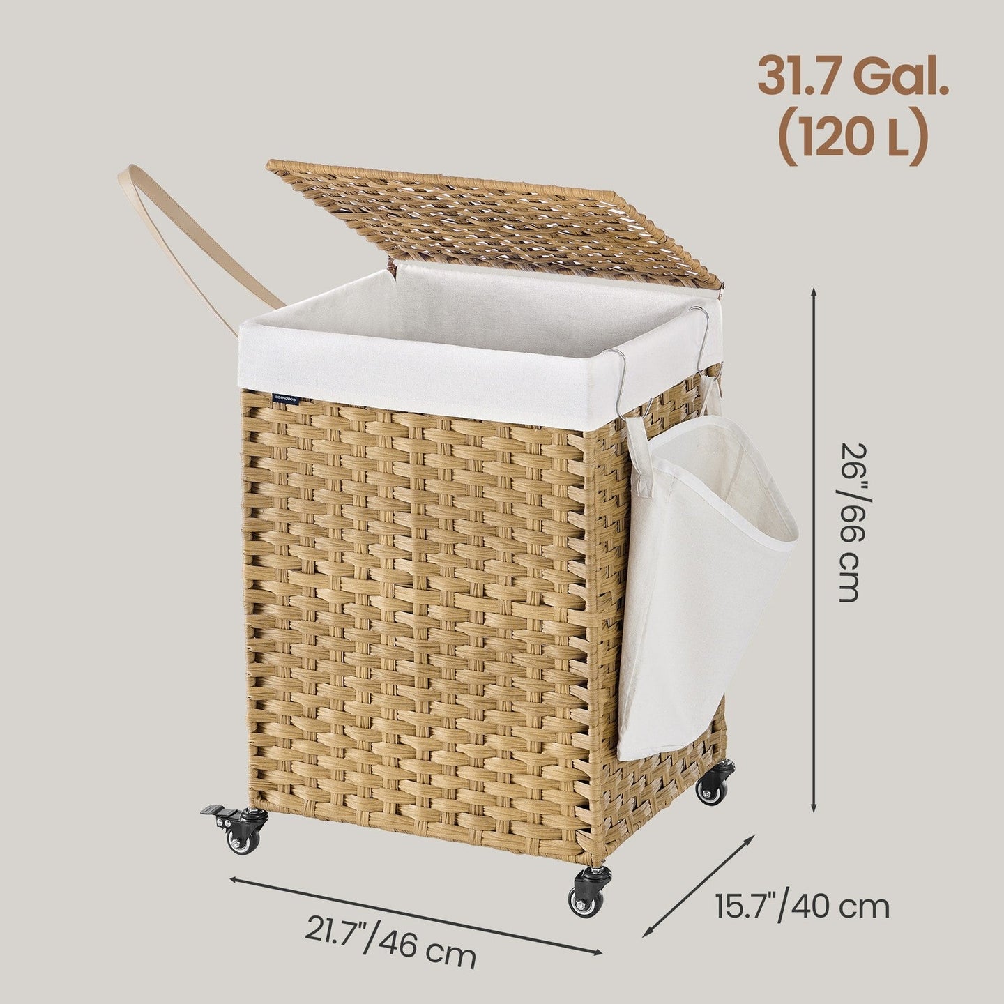 Rolling Laundry Hamper - Handwoven Rattan-Style - Natural - 120L Capacity with Removable Liner and Lid