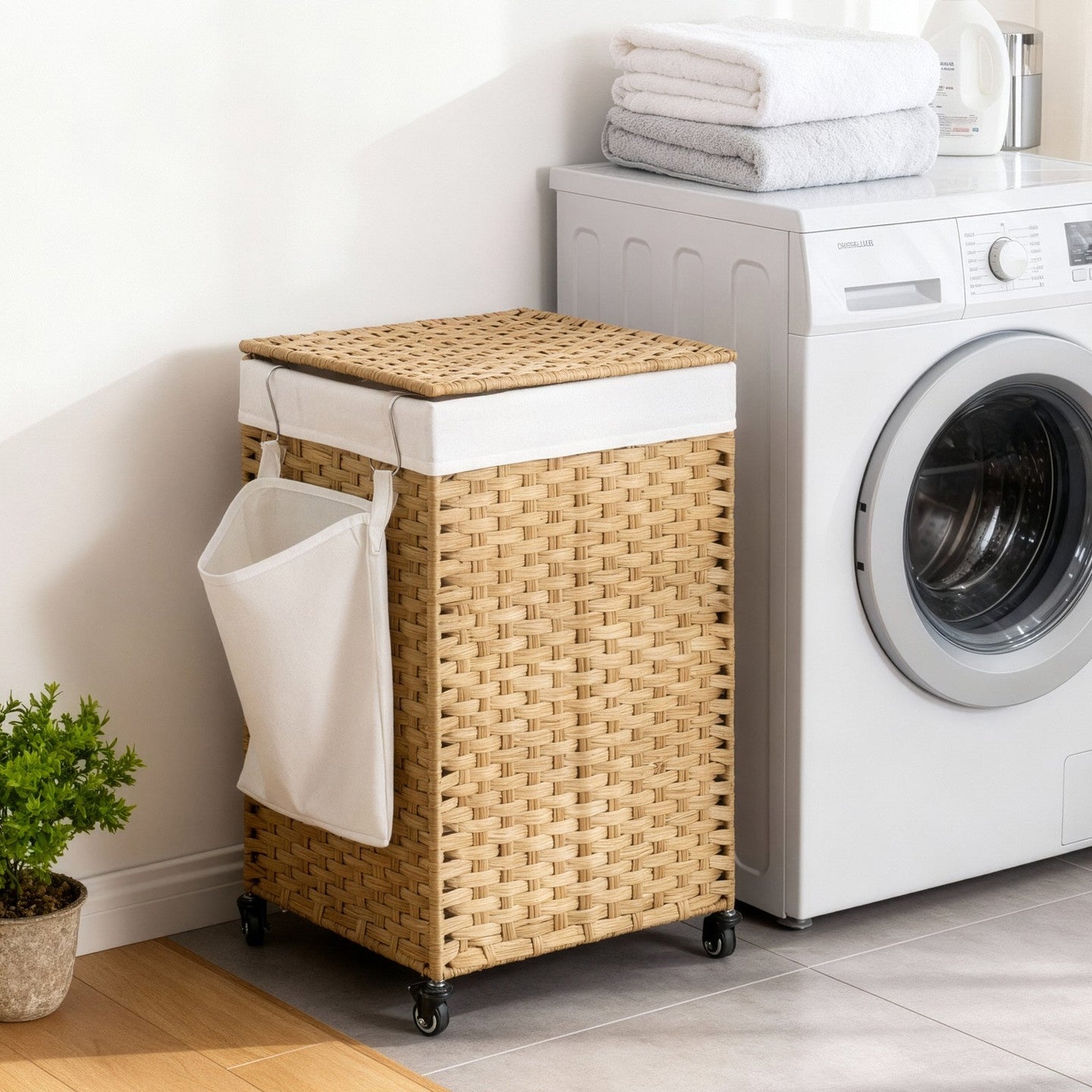 Rolling Laundry Hamper - Handwoven Rattan-Style - Natural - 120L Capacity with Removable Liner and Lid