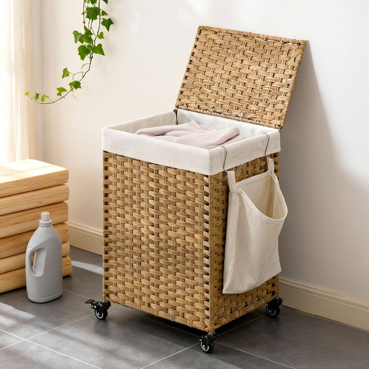 Rolling Laundry Hamper - Handwoven Rattan-Style - Natural - 120L Capacity with Removable Liner and Lid