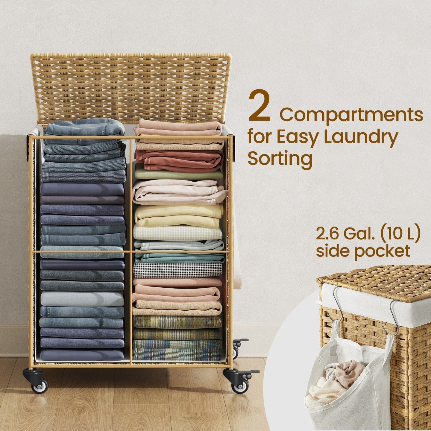 Rolling Laundry Hamper - Handwoven Rattan-Style - Natural - 120L Capacity with Removable Liner and Lid