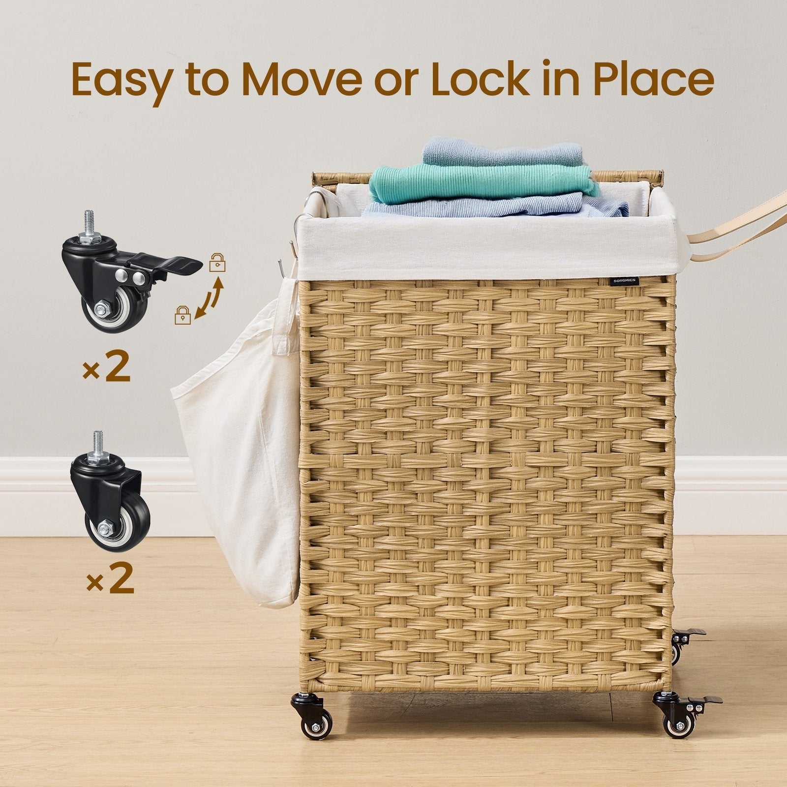 Rolling Laundry Hamper - Handwoven Rattan-Style - Natural - 120L Capacity with Removable Liner and Lid