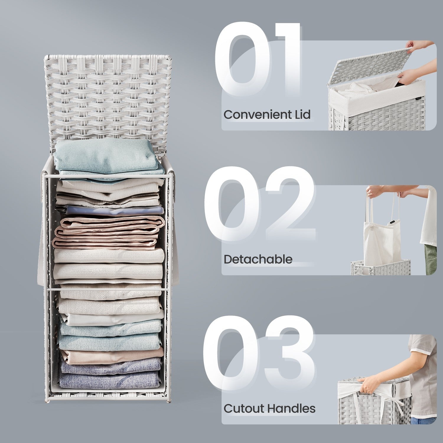 Foldable Laundry Hamper - Synthetic Rattan - Cloud White - Removable Liner and Lid