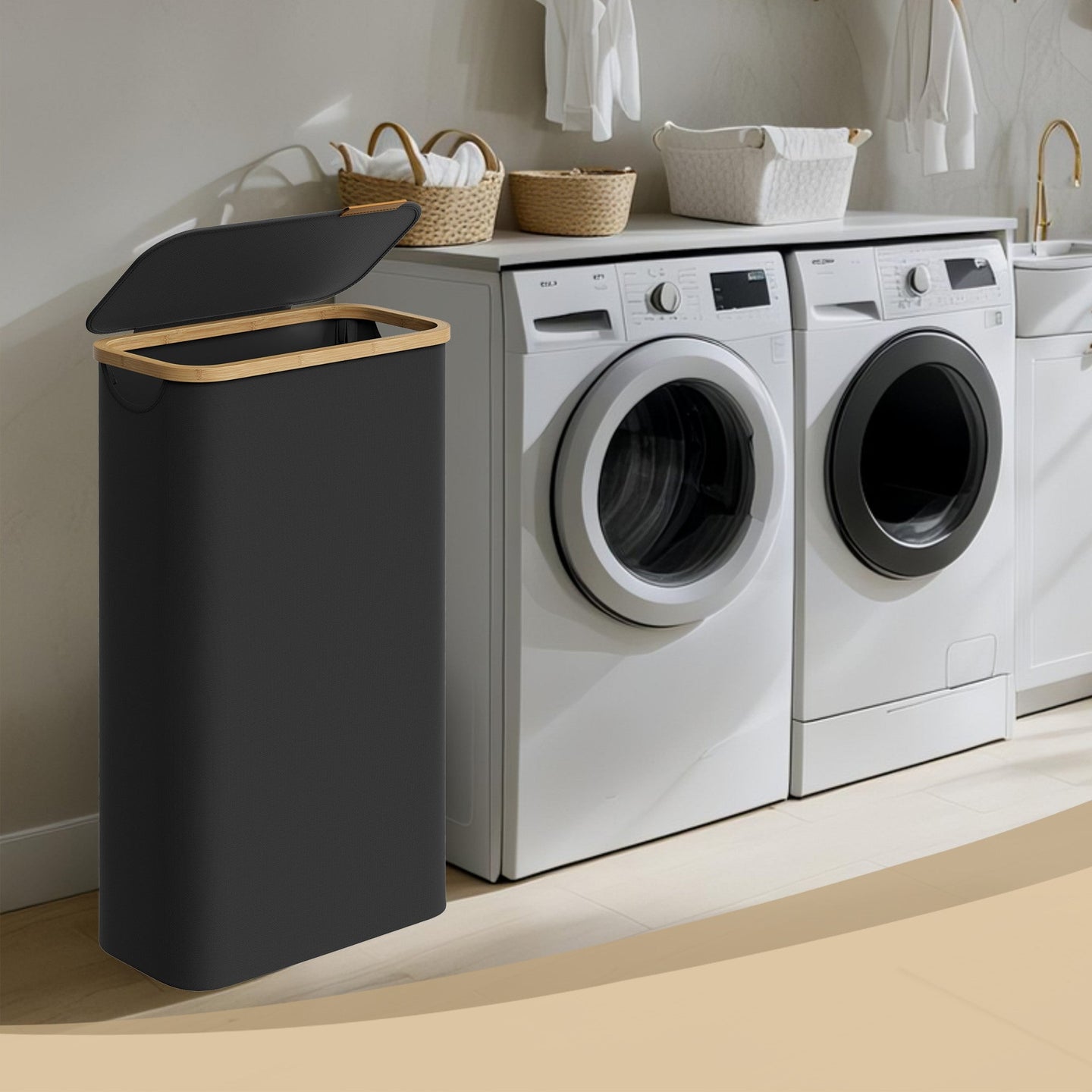 Laundry Basket - Fabric - Ink Black - Space-Saving with Lid and Removable Mesh Liner