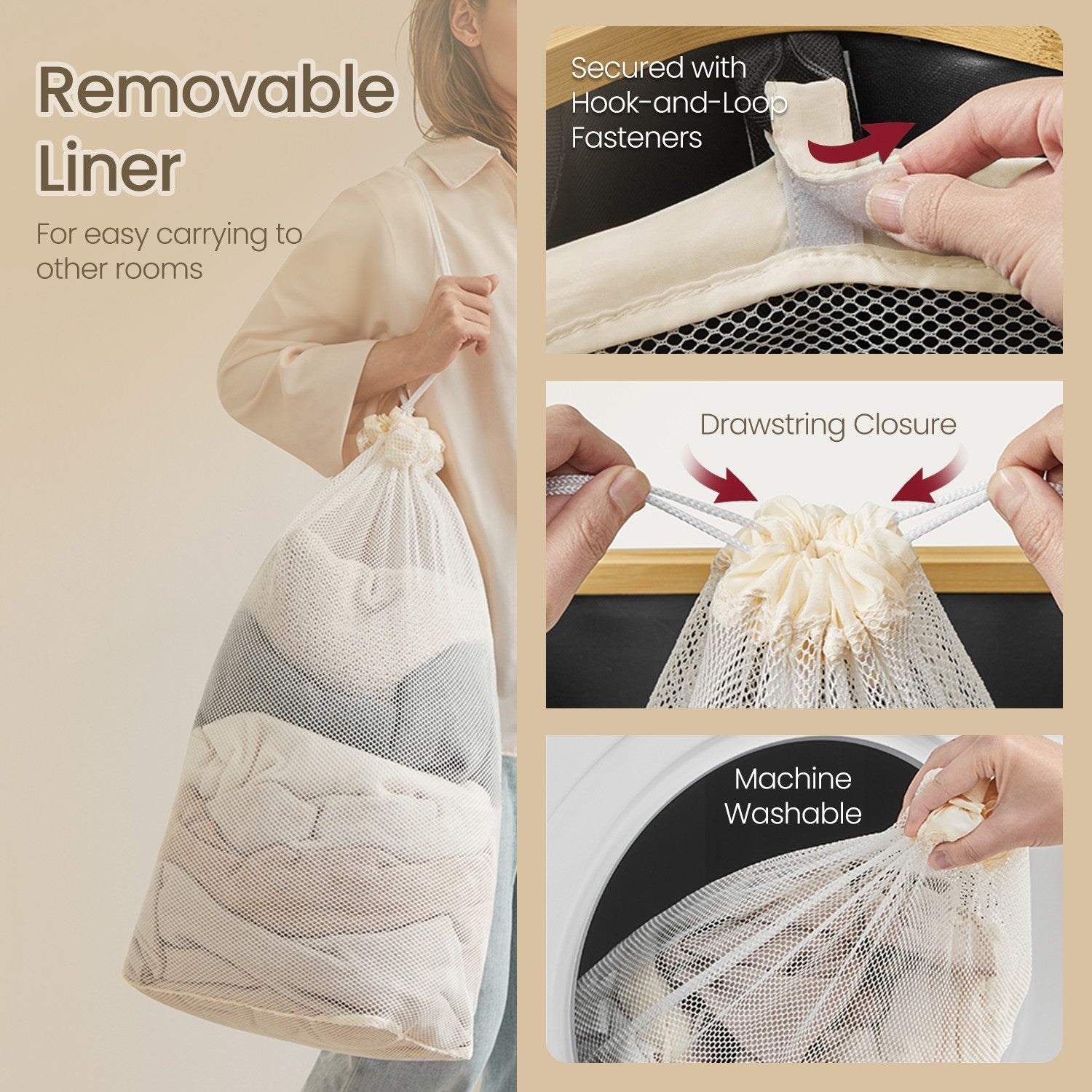 Laundry Basket - Fabric - Ink Black - Space-Saving with Lid and Removable Mesh Liner
