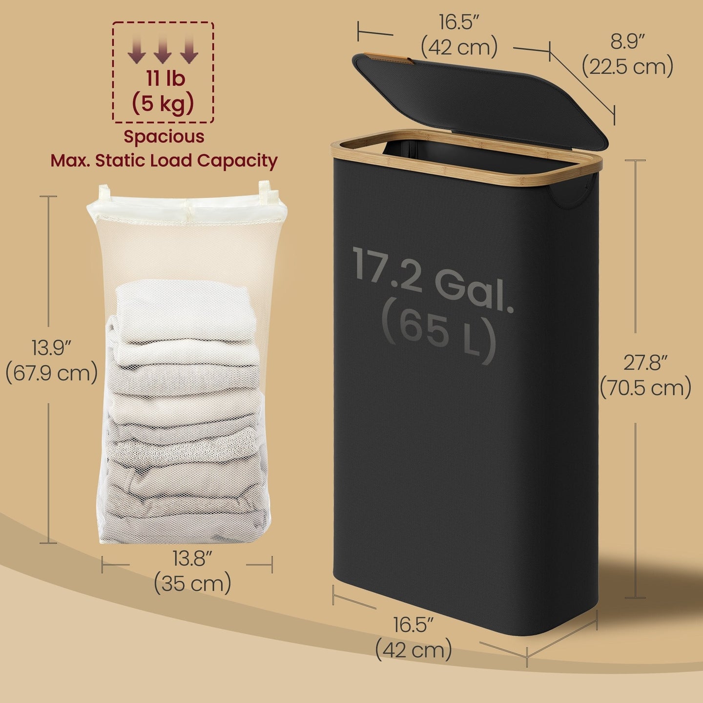 Laundry Basket - Fabric - Ink Black - Space-Saving with Lid and Removable Mesh Liner