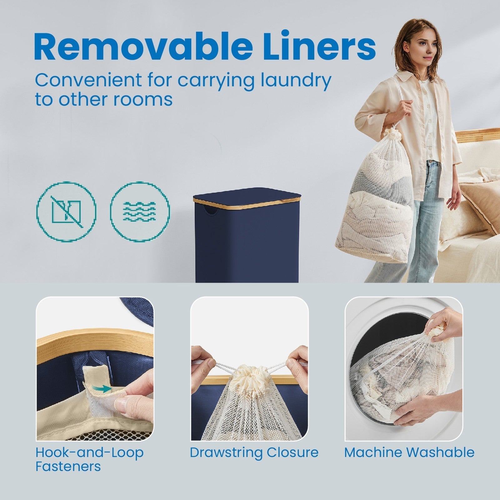 Laundry Hamper - Fabric - Ink Black - Large Capacity with Lid and Removable Mesh Liner