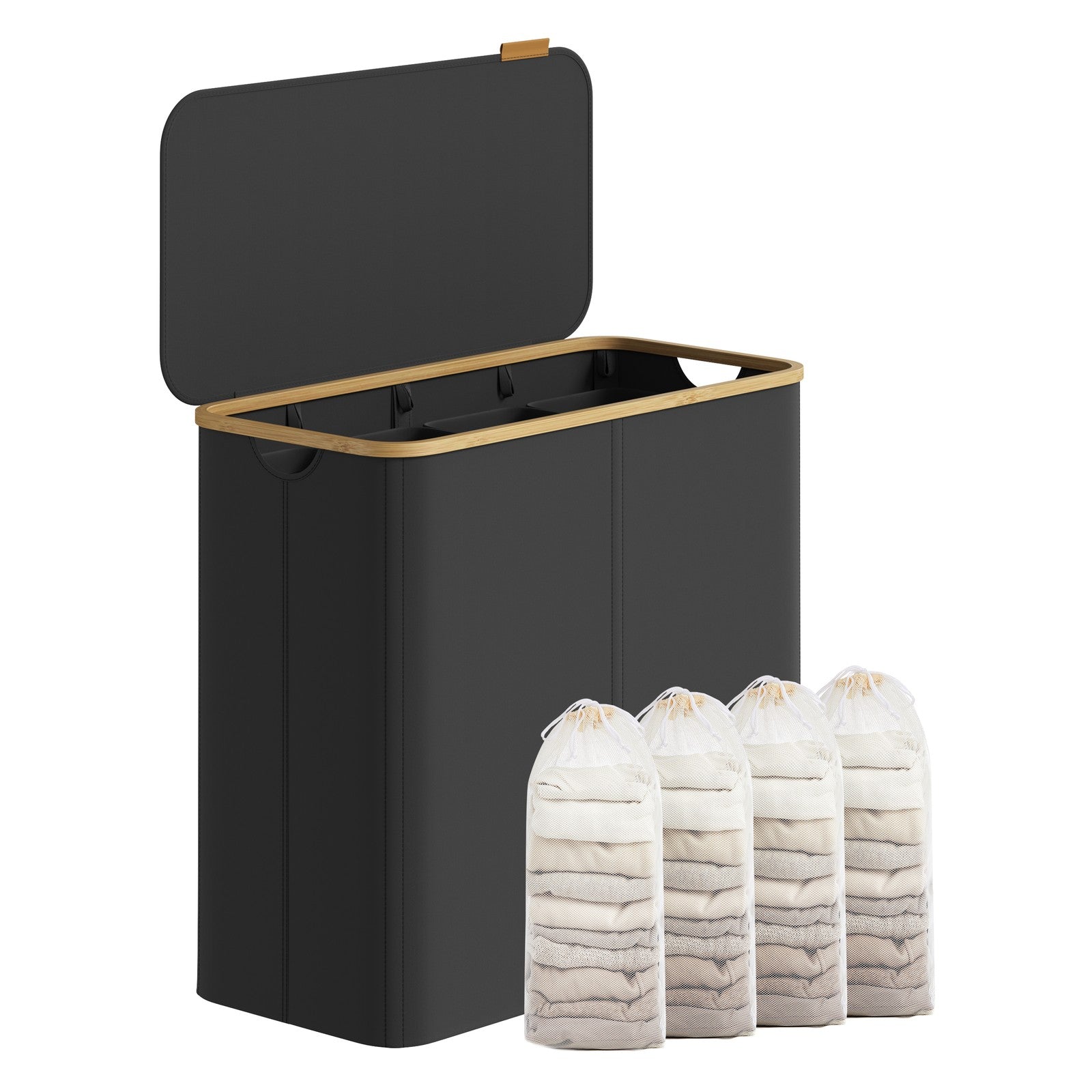 4-Compartment Clothes Hamper - Steel - Black - with Lid