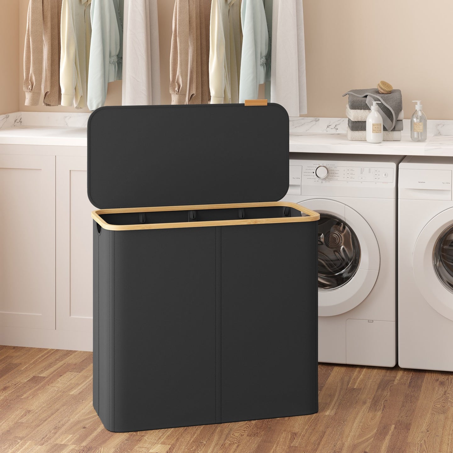 4-Compartment Clothes Hamper - Steel - Black - with Lid