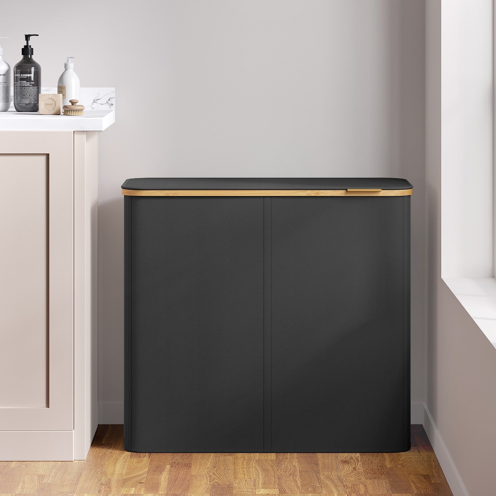4-Compartment Clothes Hamper - Steel - Black - with Lid