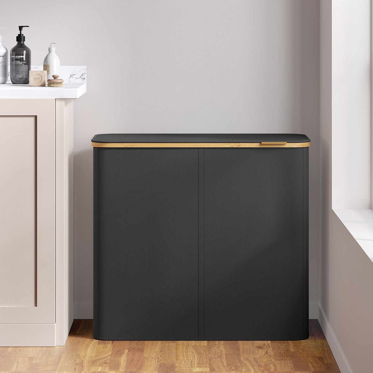 4-Compartment Clothes Hamper - Steel - Black - with Lid