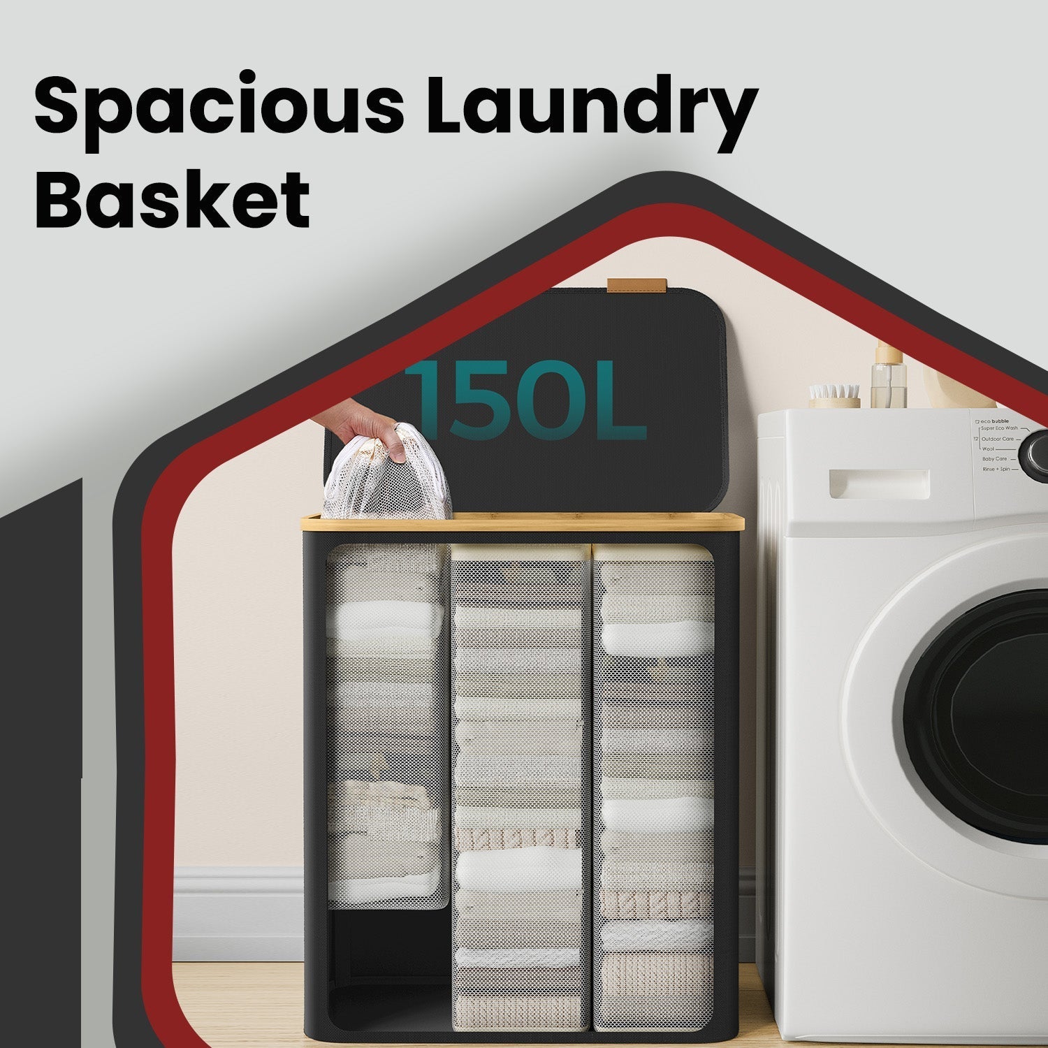 Large Laundry Hamper - Oxford Fabric - Ink Black - 3-Section with Lid and Removable Mesh Liner