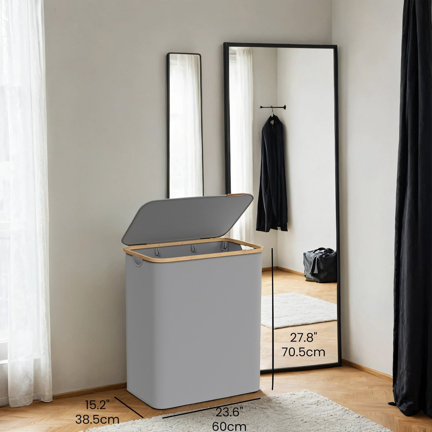 Large Laundry Hamper - Oxford Fabric - Ink Black - 3-Section with Lid and Removable Mesh Liner
