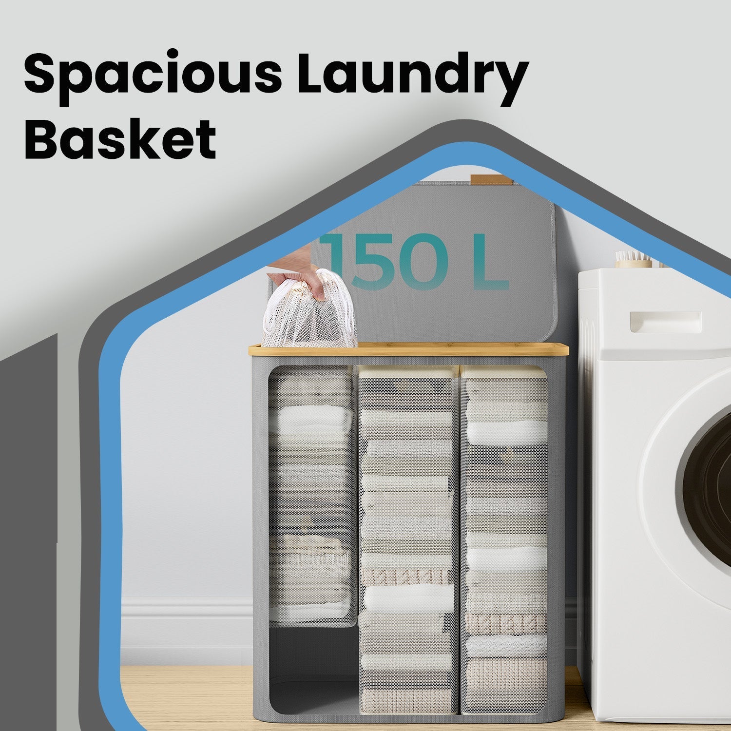 Large Laundry Hamper - Oxford Fabric - Ink Black - 3-Section with Lid and Removable Mesh Liner