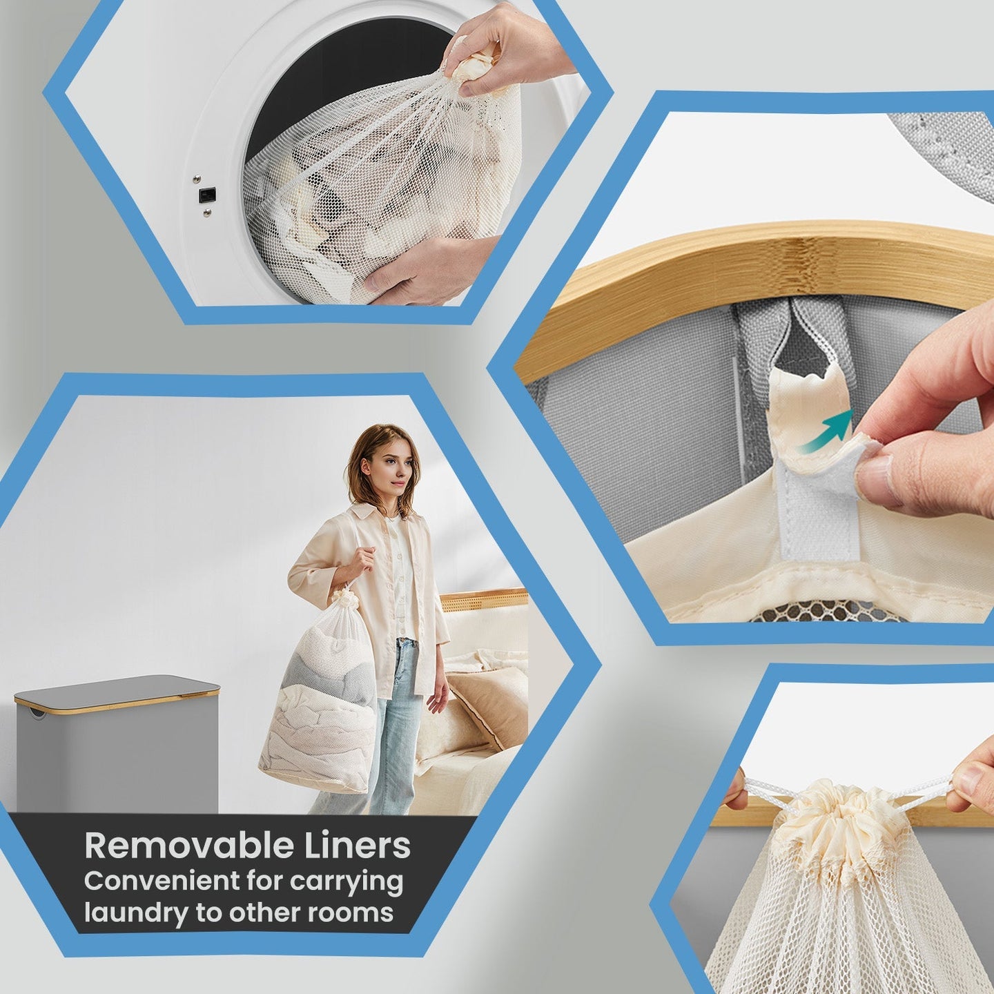Large Laundry Hamper - Oxford Fabric - Ink Black - 3-Section with Lid and Removable Mesh Liner
