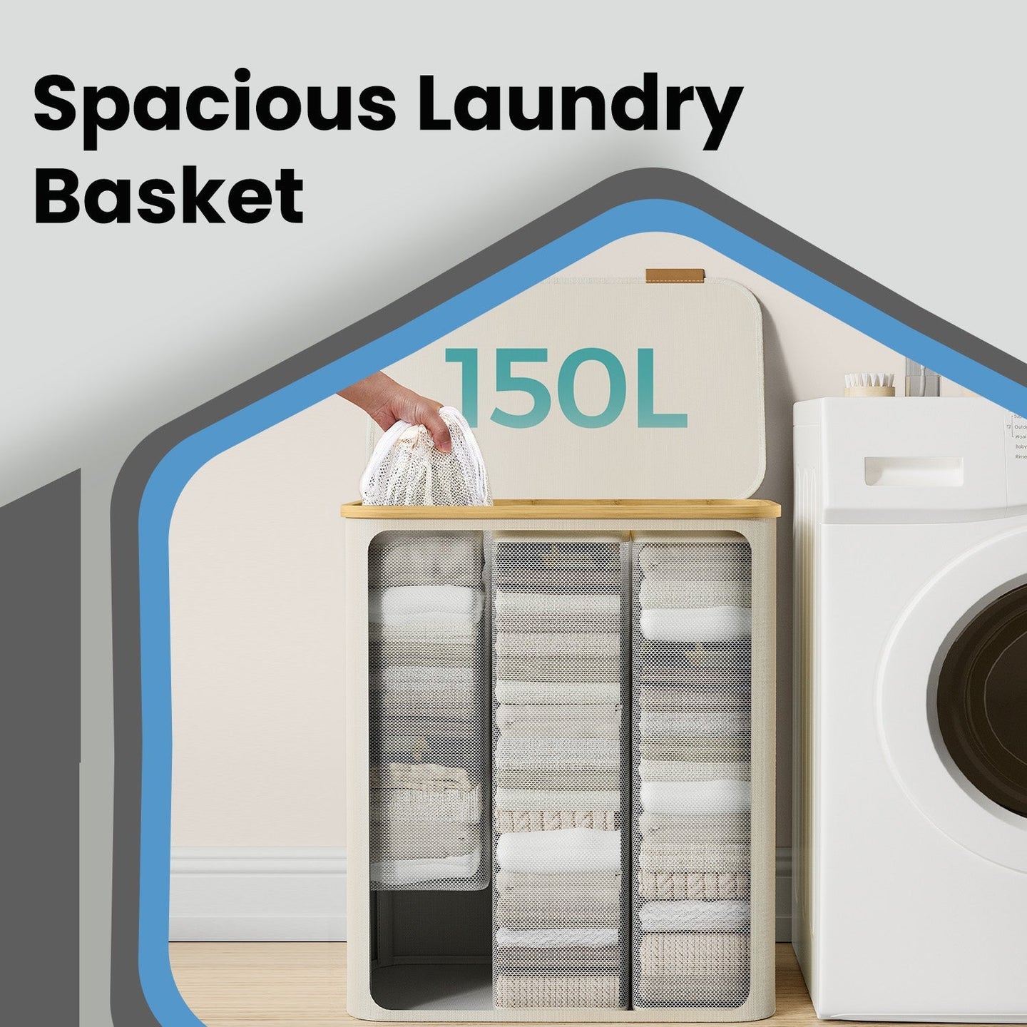 Large Laundry Hamper - Oxford Fabric - Ink Black - 3-Section with Lid and Removable Mesh Liner