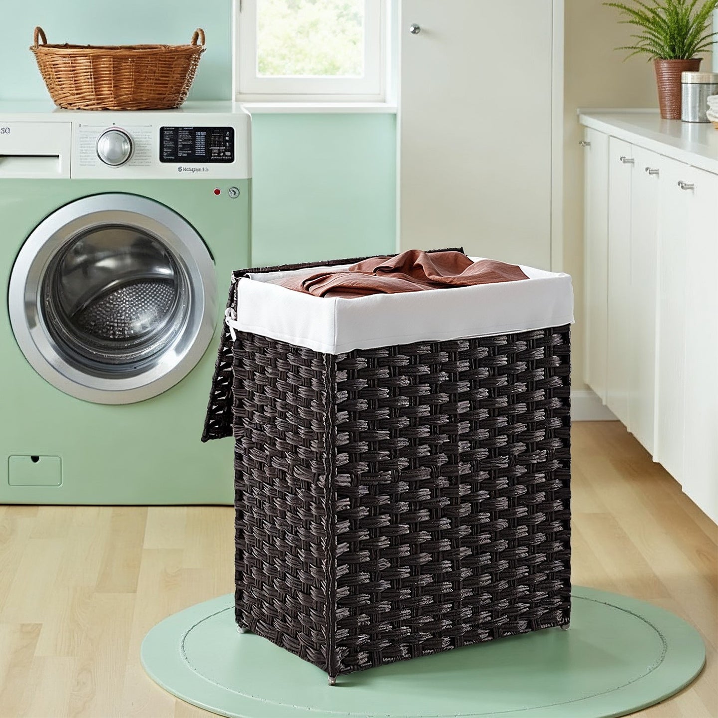 Laundry Basket - Plastic Rattan and Metal Frame - Black - with Lid