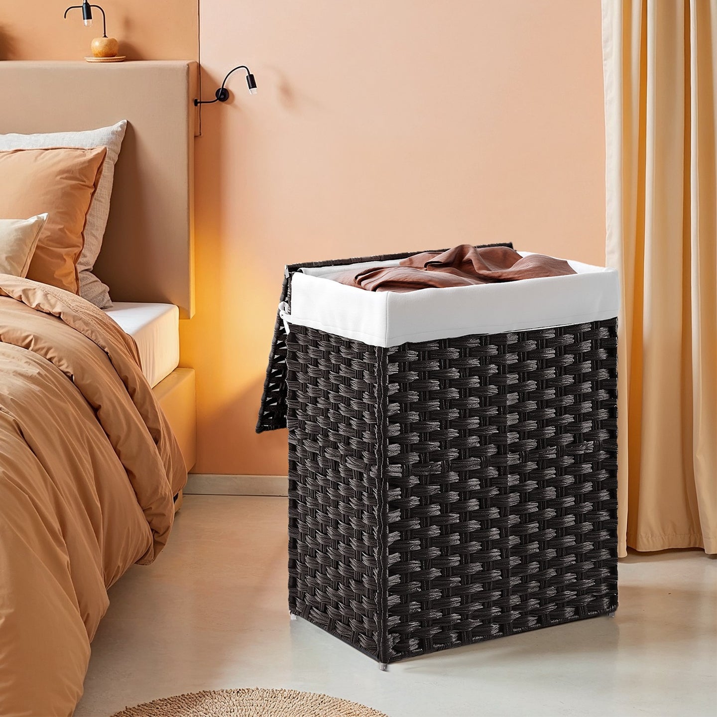 Laundry Basket - Plastic Rattan and Metal Frame - Black - with Lid