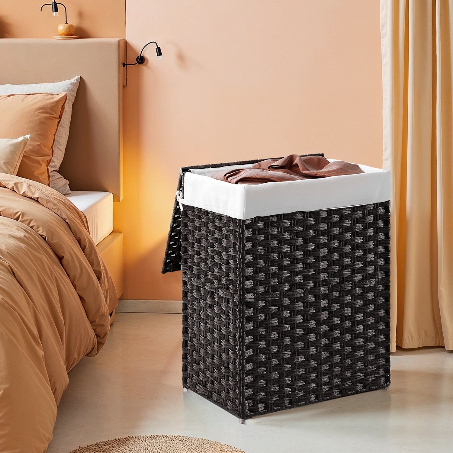 Laundry Basket - Plastic Rattan and Metal Frame - Black - with Lid