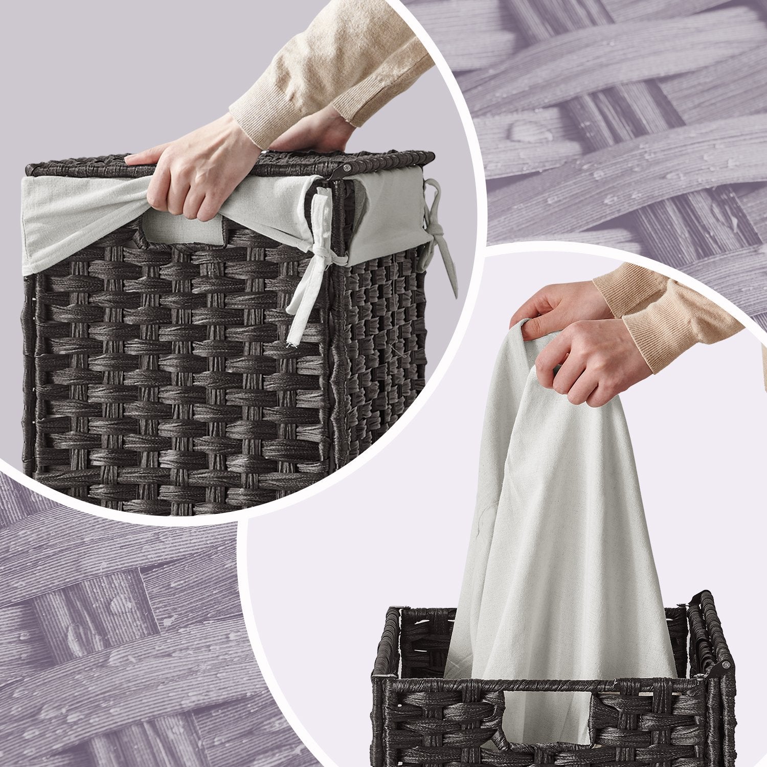 Laundry Basket - Plastic Rattan and Metal Frame - Black - with Lid