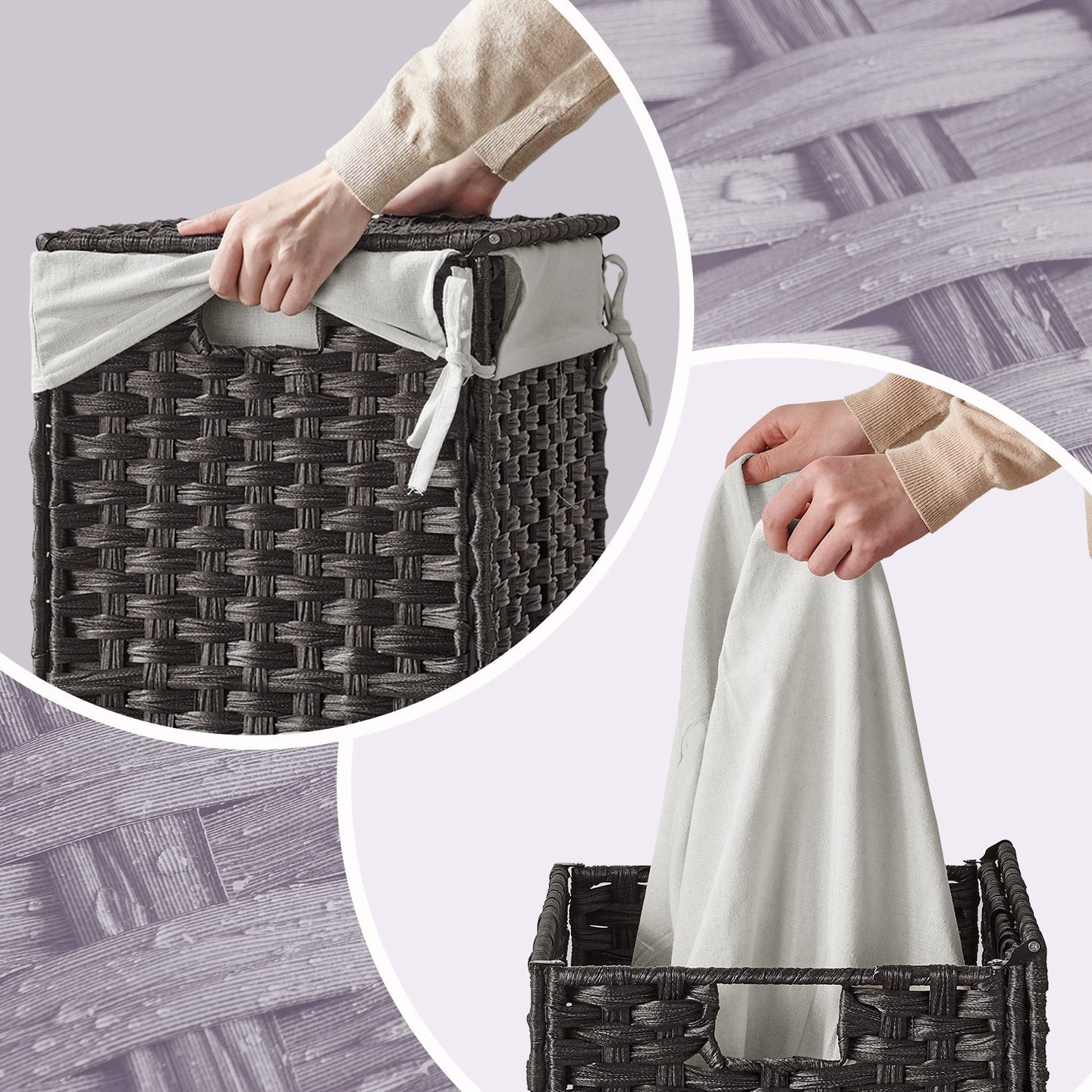 Laundry Basket - Plastic Rattan and Metal Frame - Black - with Lid