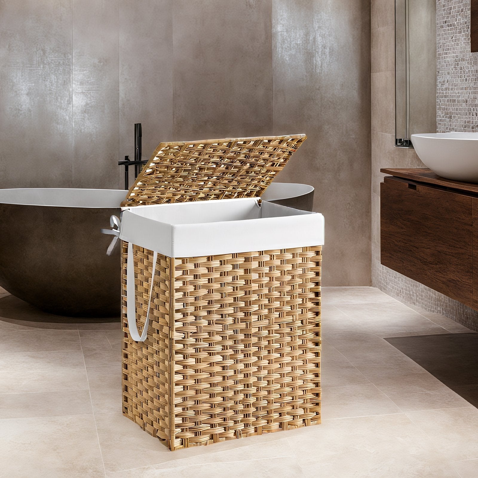Laundry Basket - Synthetic Rattan - Natural - Foldable with Lid and Removable Liner