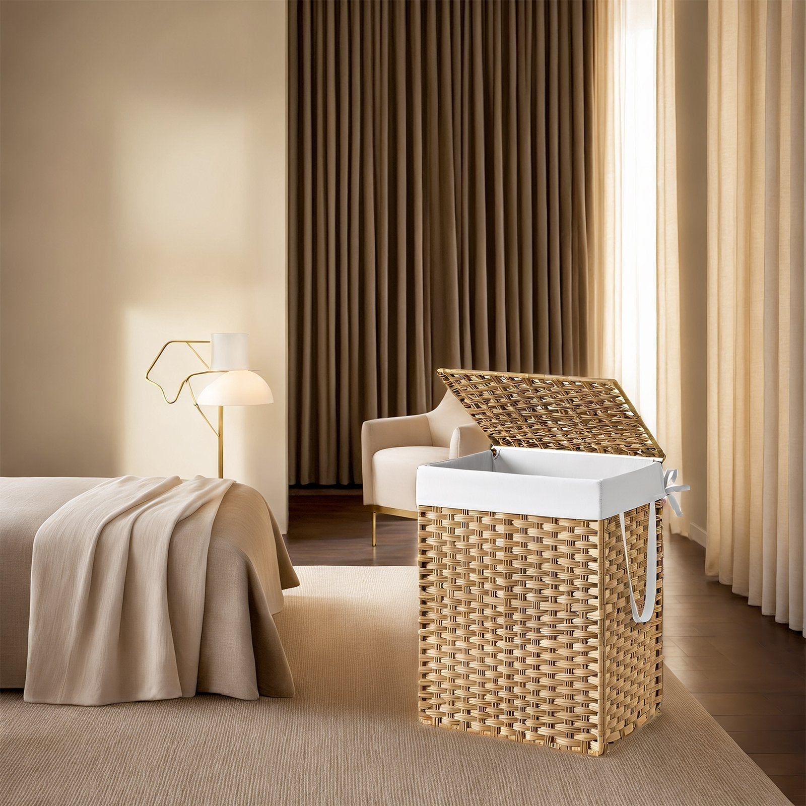 Laundry Basket - Synthetic Rattan - Natural - Foldable with Lid and Removable Liner
