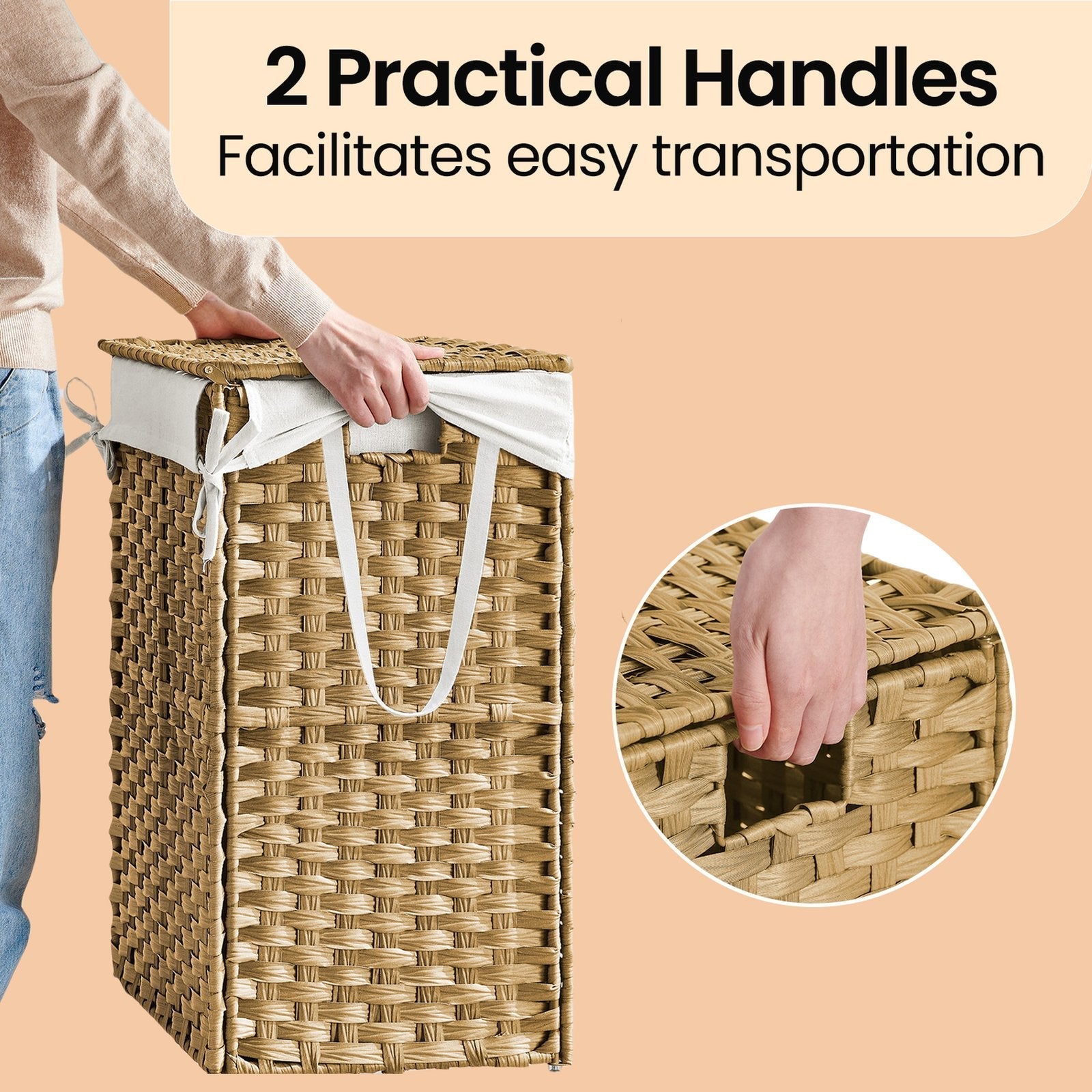 Laundry Basket - Synthetic Rattan - Natural - Foldable with Lid and Removable Liner