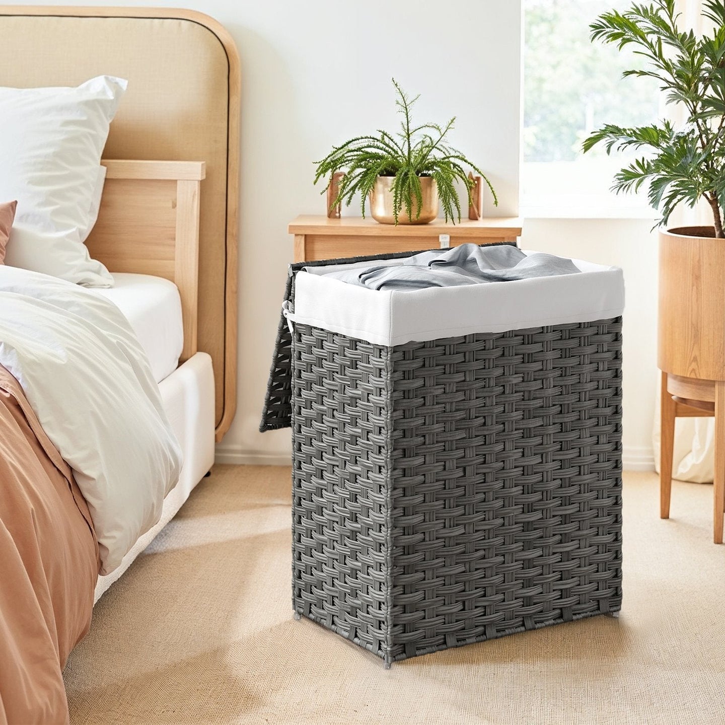 Laundry Basket - Synthetic Rattan - Natural - Foldable with Lid and Removable Liner