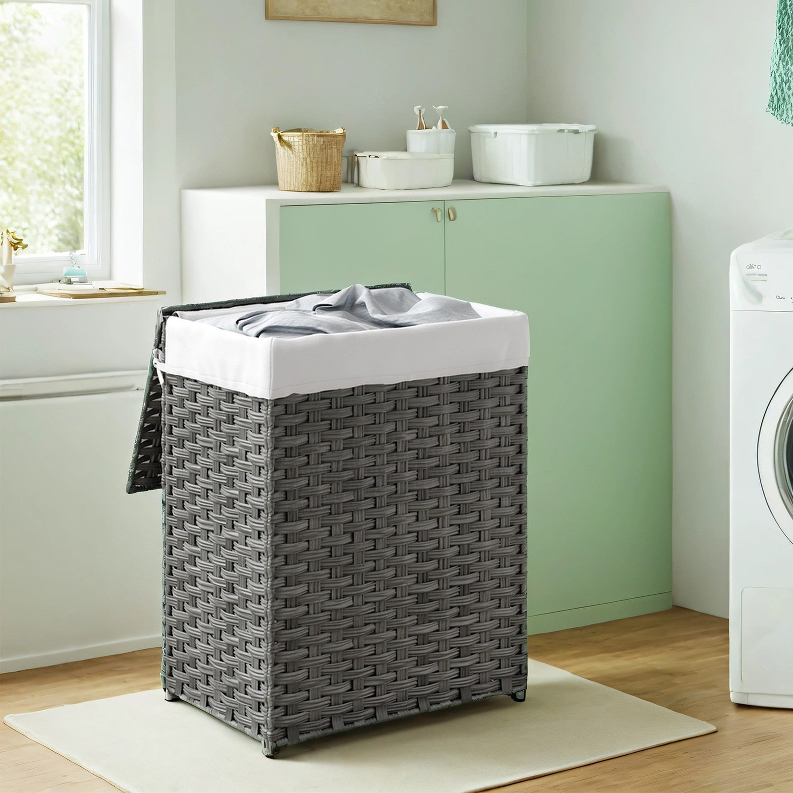 Laundry Basket - Synthetic Rattan - Natural - Foldable with Lid and Removable Liner