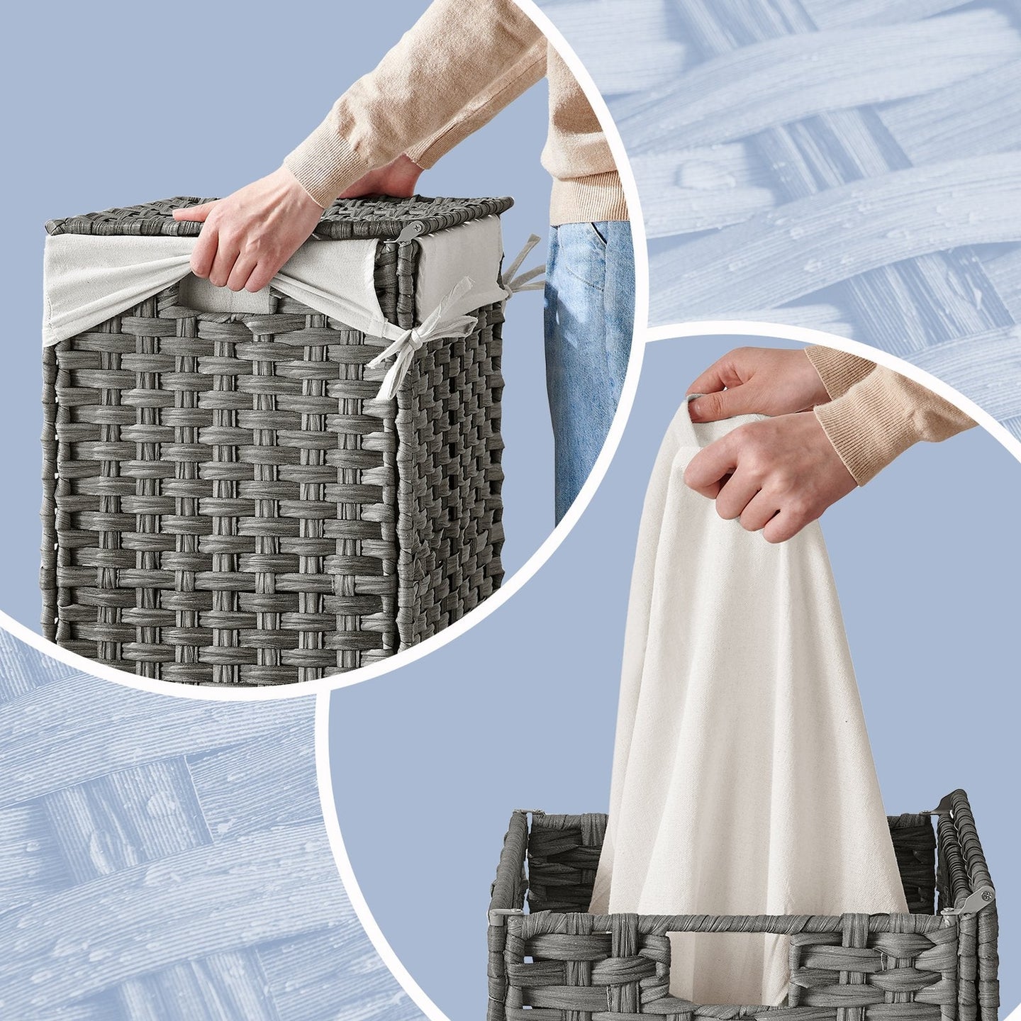 Laundry Basket - Synthetic Rattan - Natural - Foldable with Lid and Removable Liner