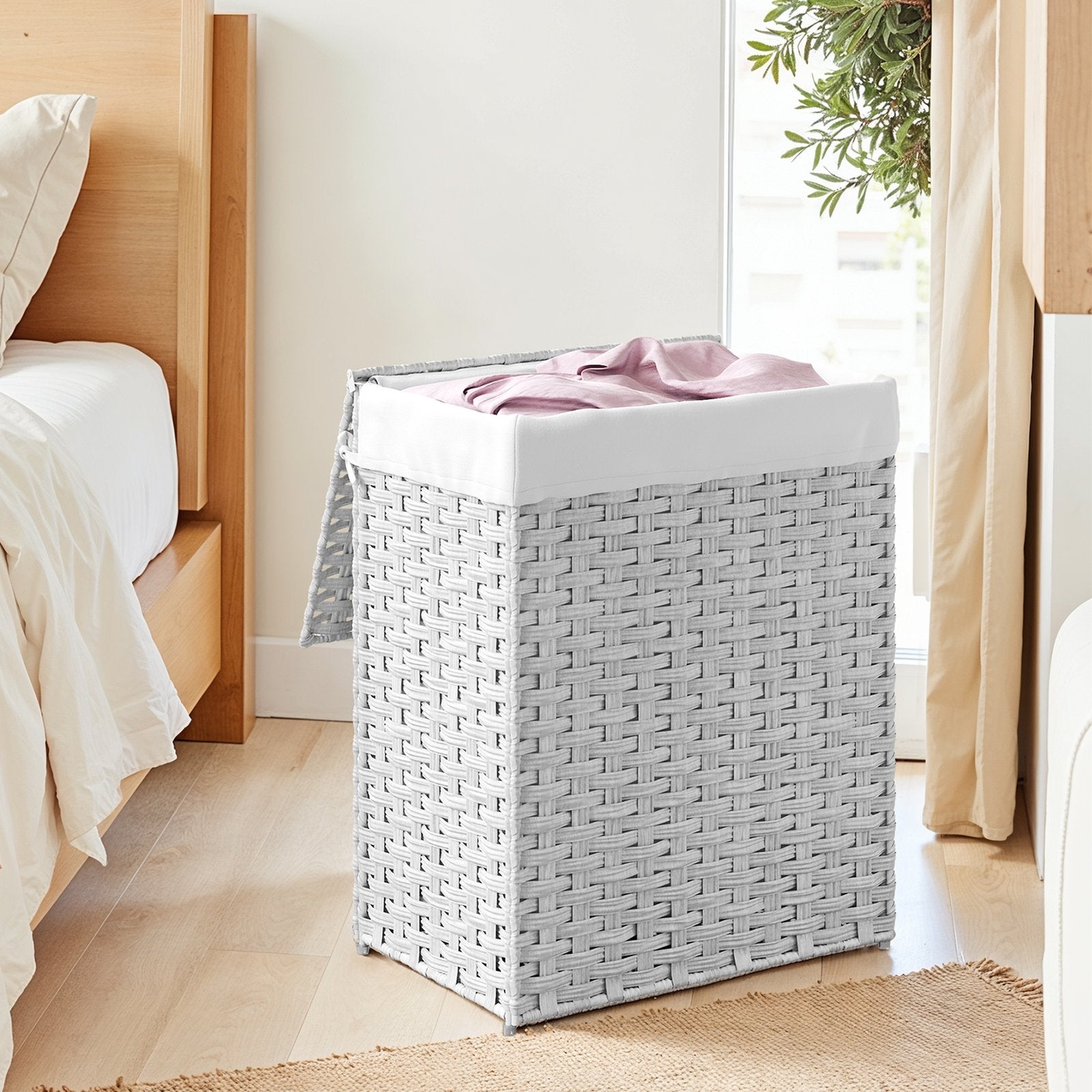 Laundry Basket - Synthetic Rattan - Natural - Foldable with Lid and Removable Liner