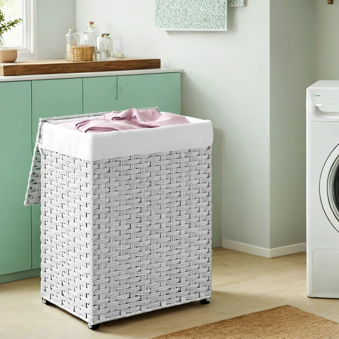 Laundry Basket - Synthetic Rattan - Natural - Foldable with Lid and Removable Liner